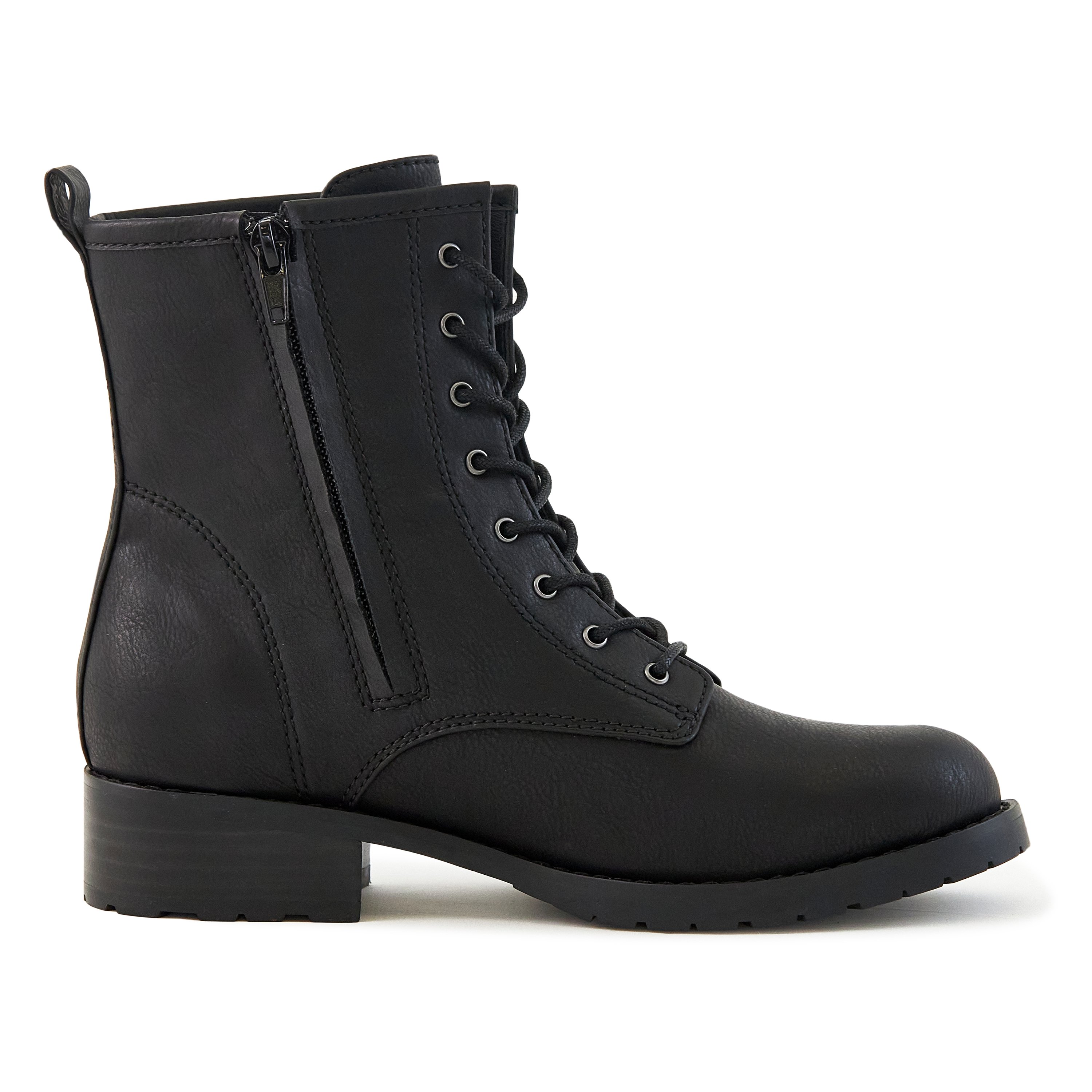 Stylish Women's Black Combat Boots with zipper closure and lace-up design, featuring a padded insole and grip sole for comfort and stability.