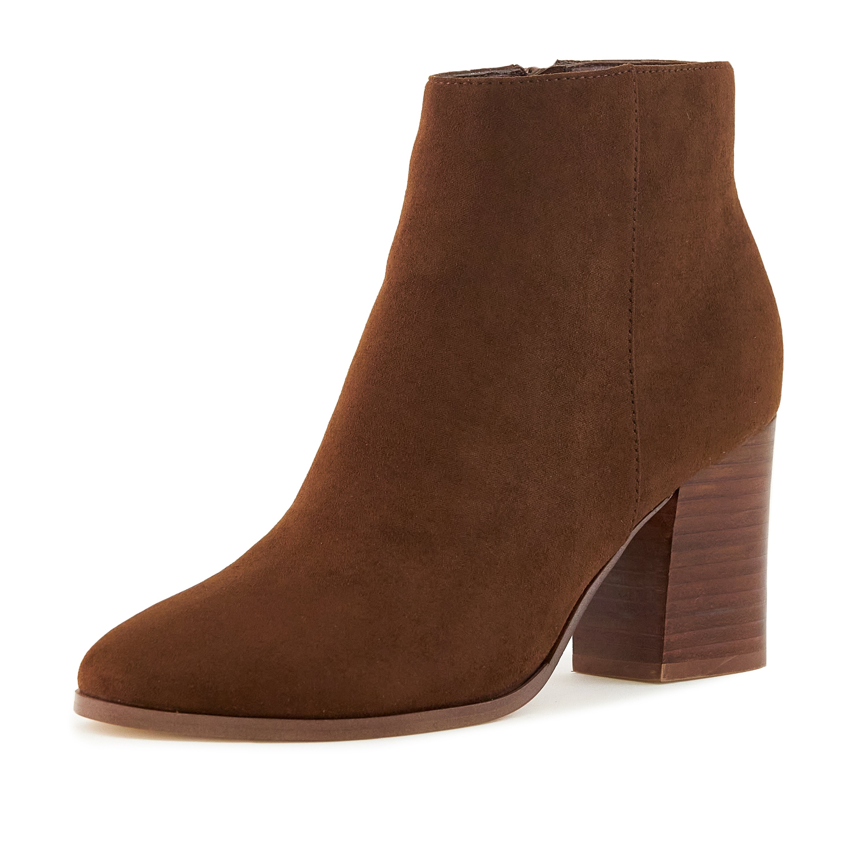 A pair of Women's Malibu Boots in brown featuring a stacked heel, almond toe, and side zip closure, perfect for stylish outings.