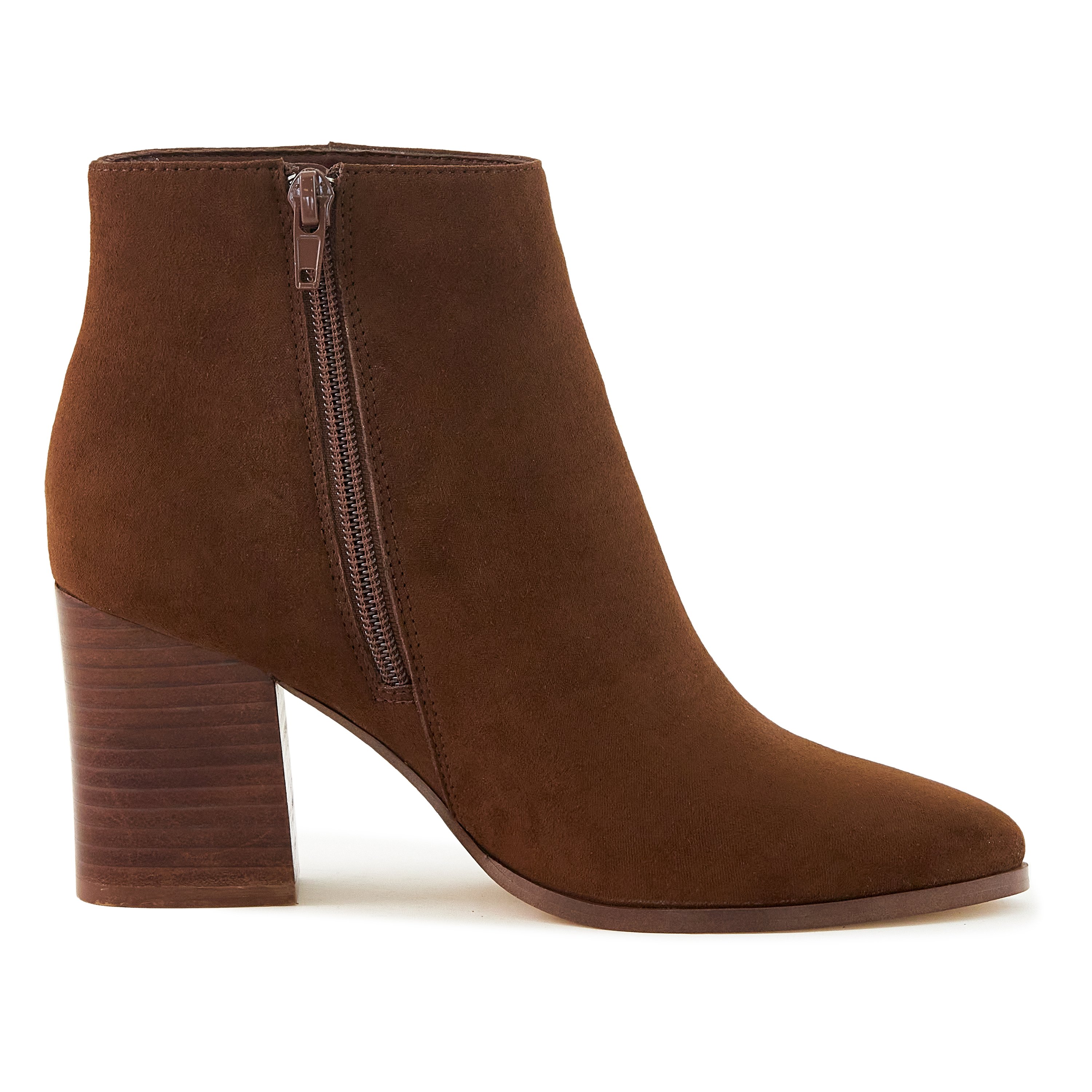 A pair of Women's Malibu Boots in brown featuring a stacked heel, almond toe, and side zip closure, perfect for stylish outings.