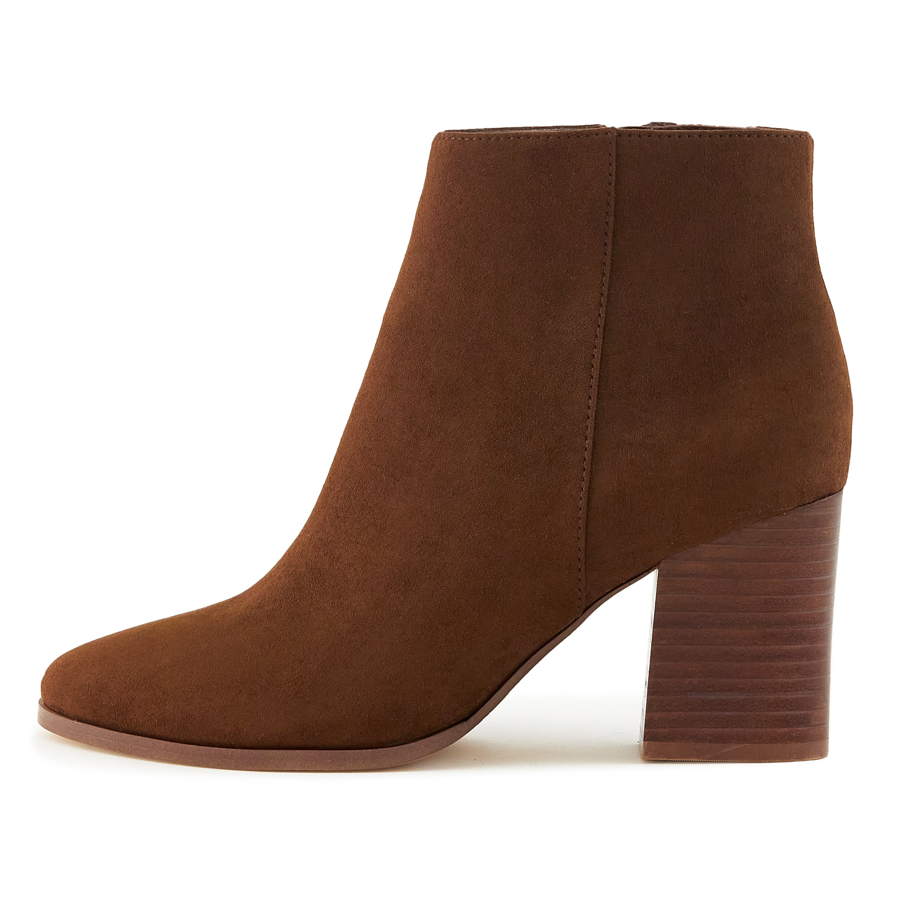 A pair of Women's Malibu Boots in brown featuring a stacked heel, almond toe, and side zip closure, perfect for stylish outings.