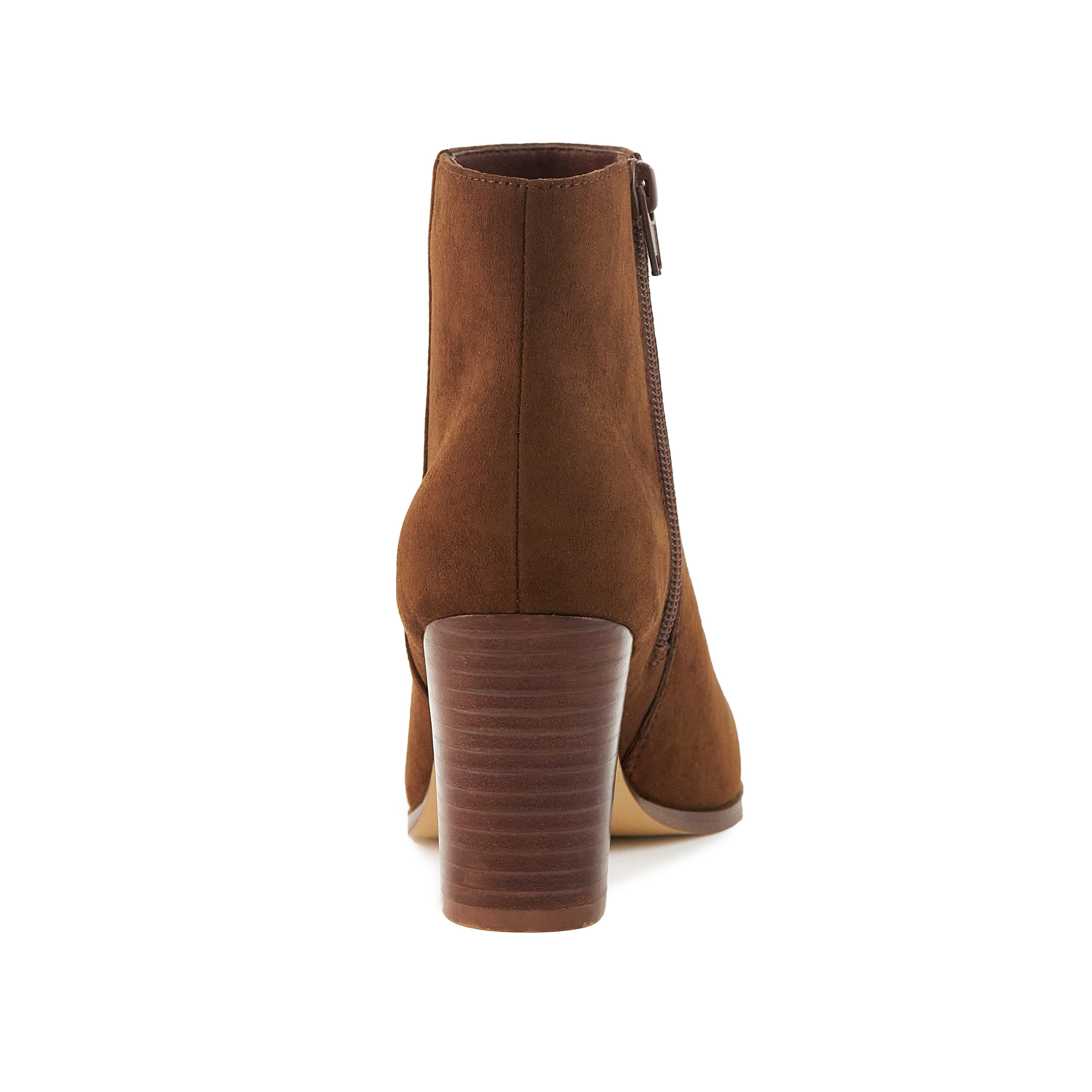 A pair of Women's Malibu Boots in brown featuring a stacked heel, almond toe, and side zip closure, perfect for stylish outings.