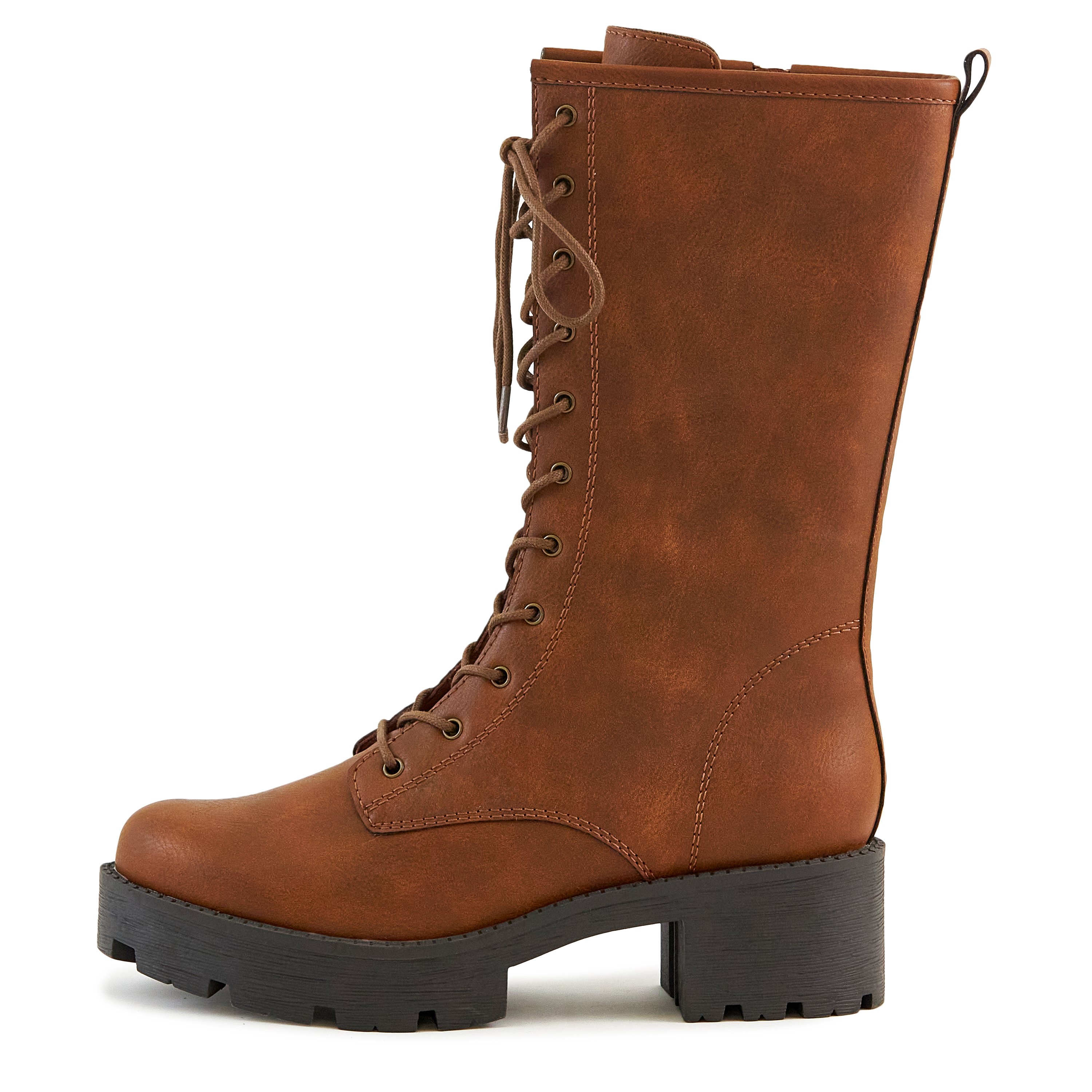 A pair of stylish Women's Private Boots in camel color, featuring a round toe, lace-up vamp, inner zip closure, and durable lug sole, perfect for any outfit.