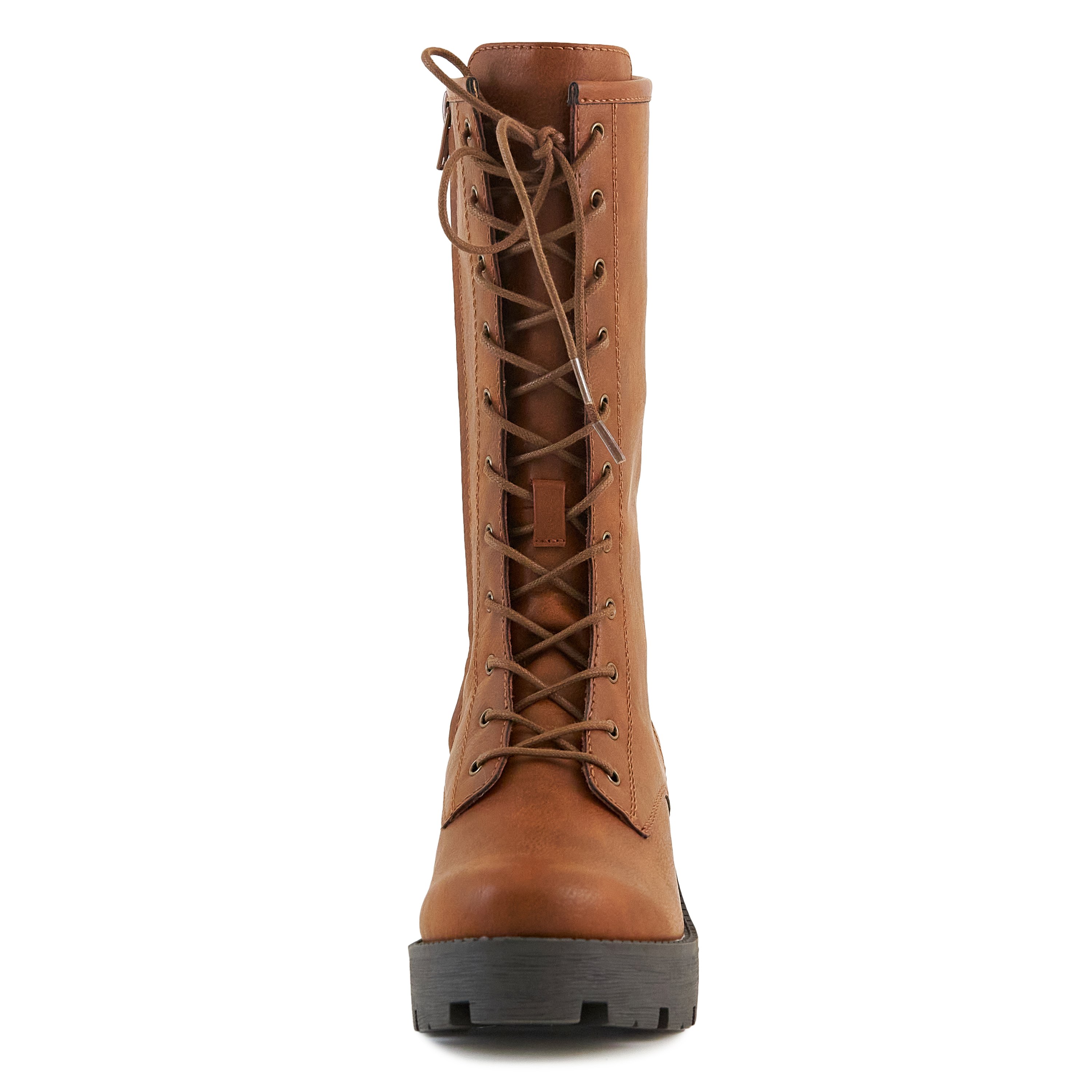 A pair of stylish Women's Private Boots in camel color, featuring a round toe, lace-up vamp, inner zip closure, and durable lug sole, perfect for any outfit.