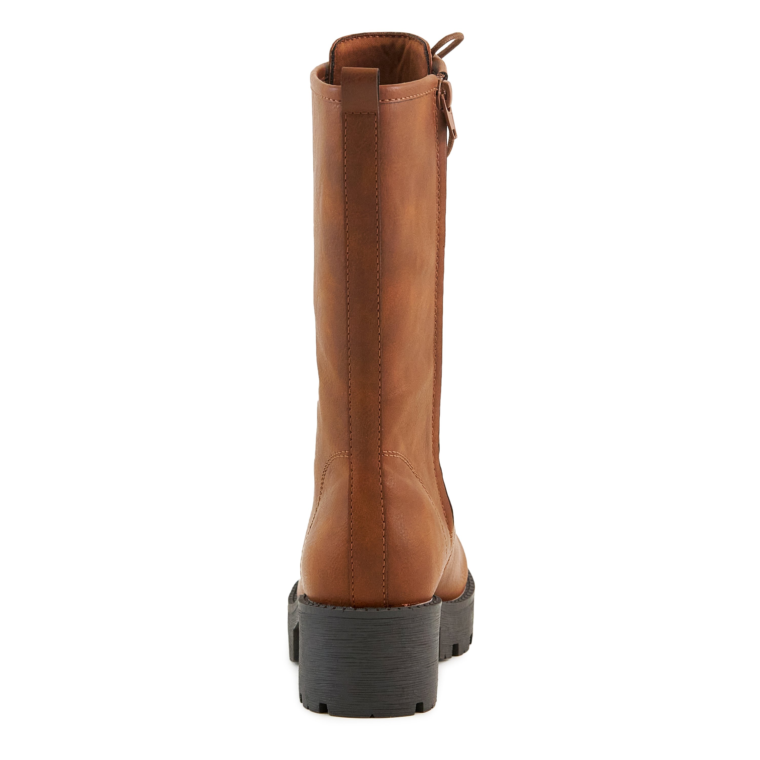 A pair of stylish Women's Private Boots in camel color, featuring a round toe, lace-up vamp, inner zip closure, and durable lug sole, perfect for any outfit.