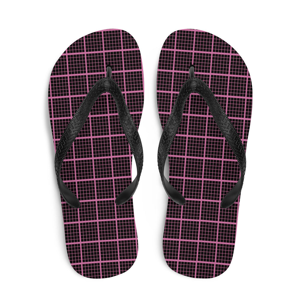 Black and pink check chequered flip-flops with rubber sole and Y-shaped straps, perfect for summer wear.