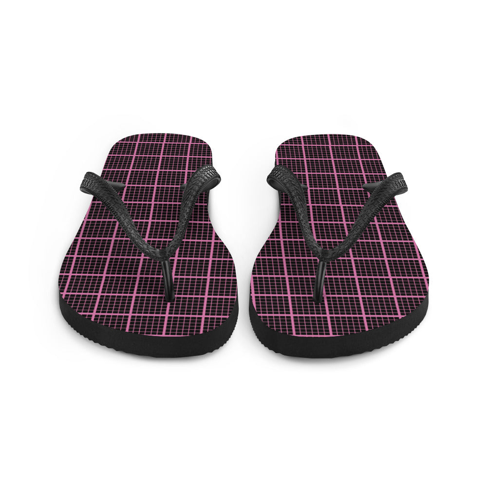 Black and pink check chequered flip-flops with rubber sole and Y-shaped straps, perfect for summer wear.