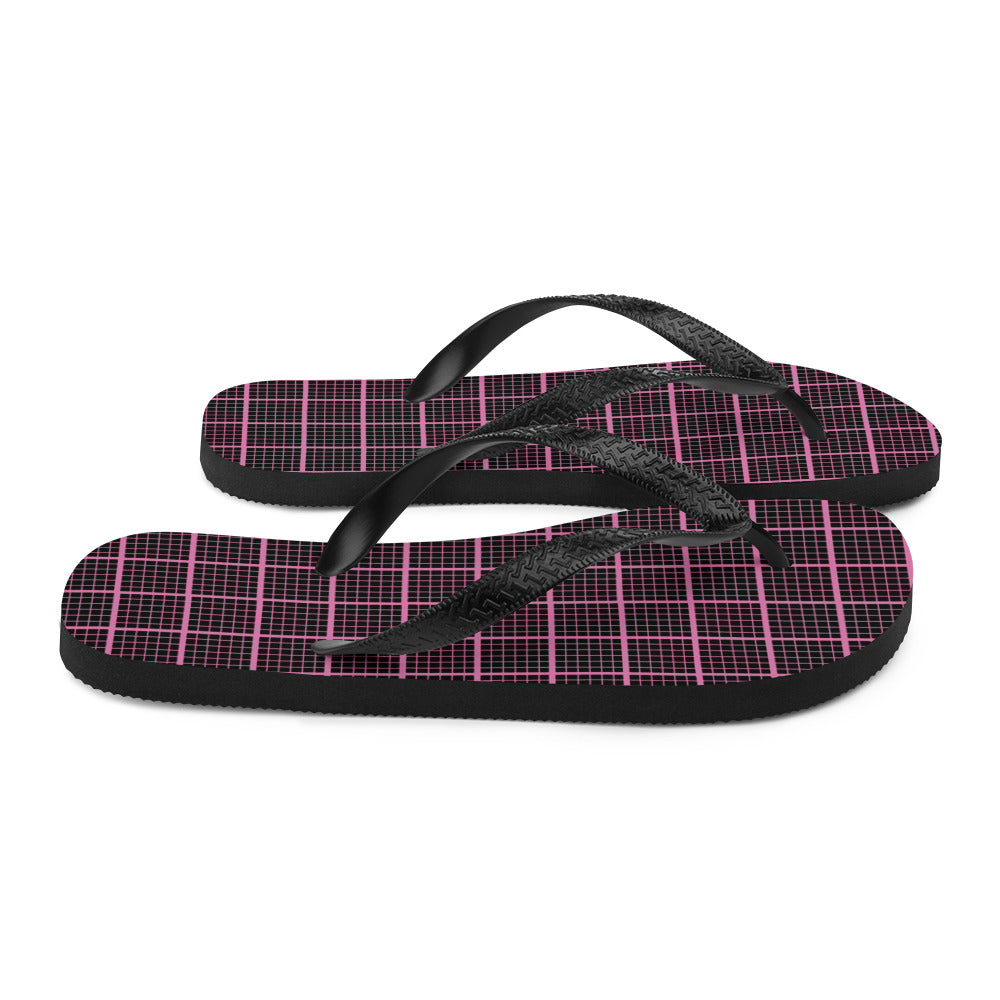 Black and pink check chequered flip-flops with rubber sole and Y-shaped straps, perfect for summer wear.