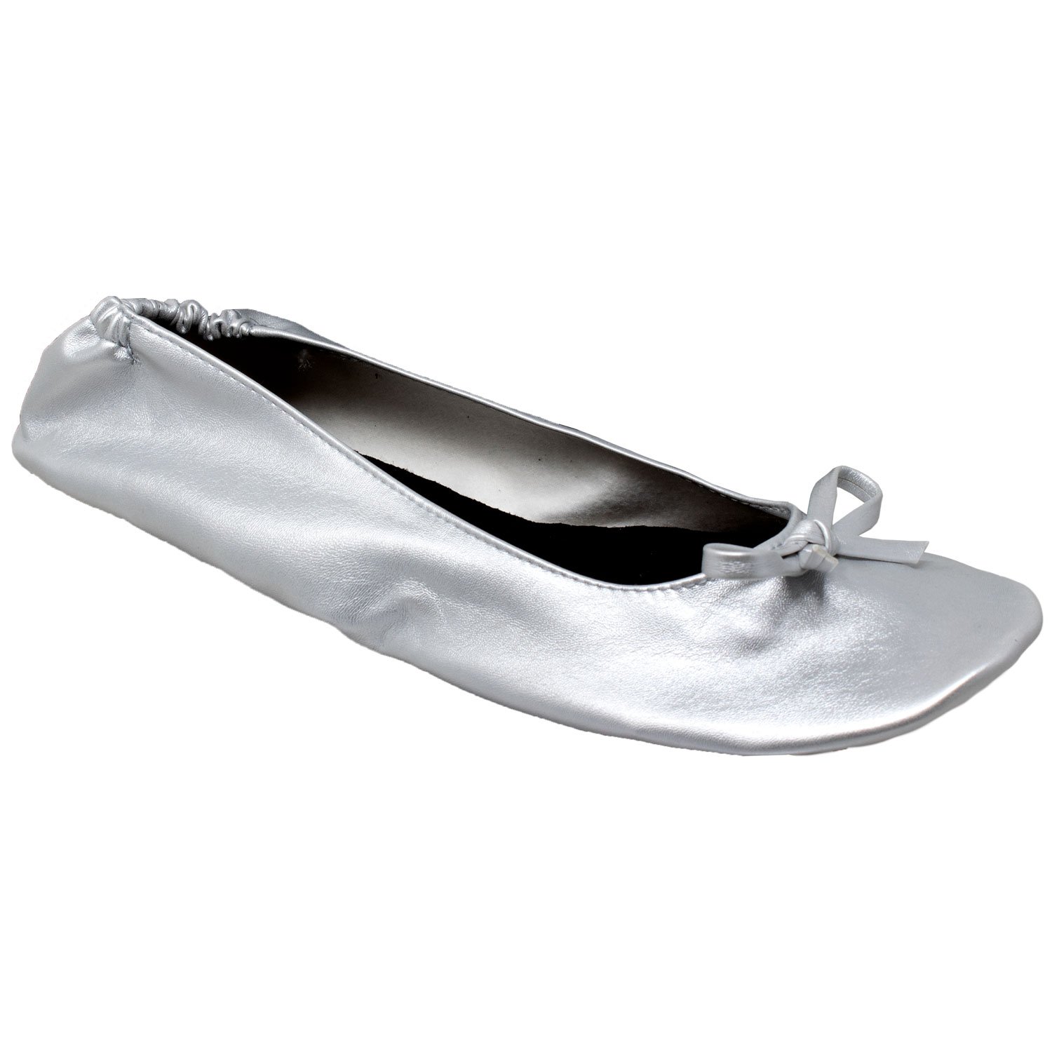 A pair of silver foldable ballet flats for women, showcasing a sleek design with an elastic trim and soft inner lining, perfect for travel and everyday wear.