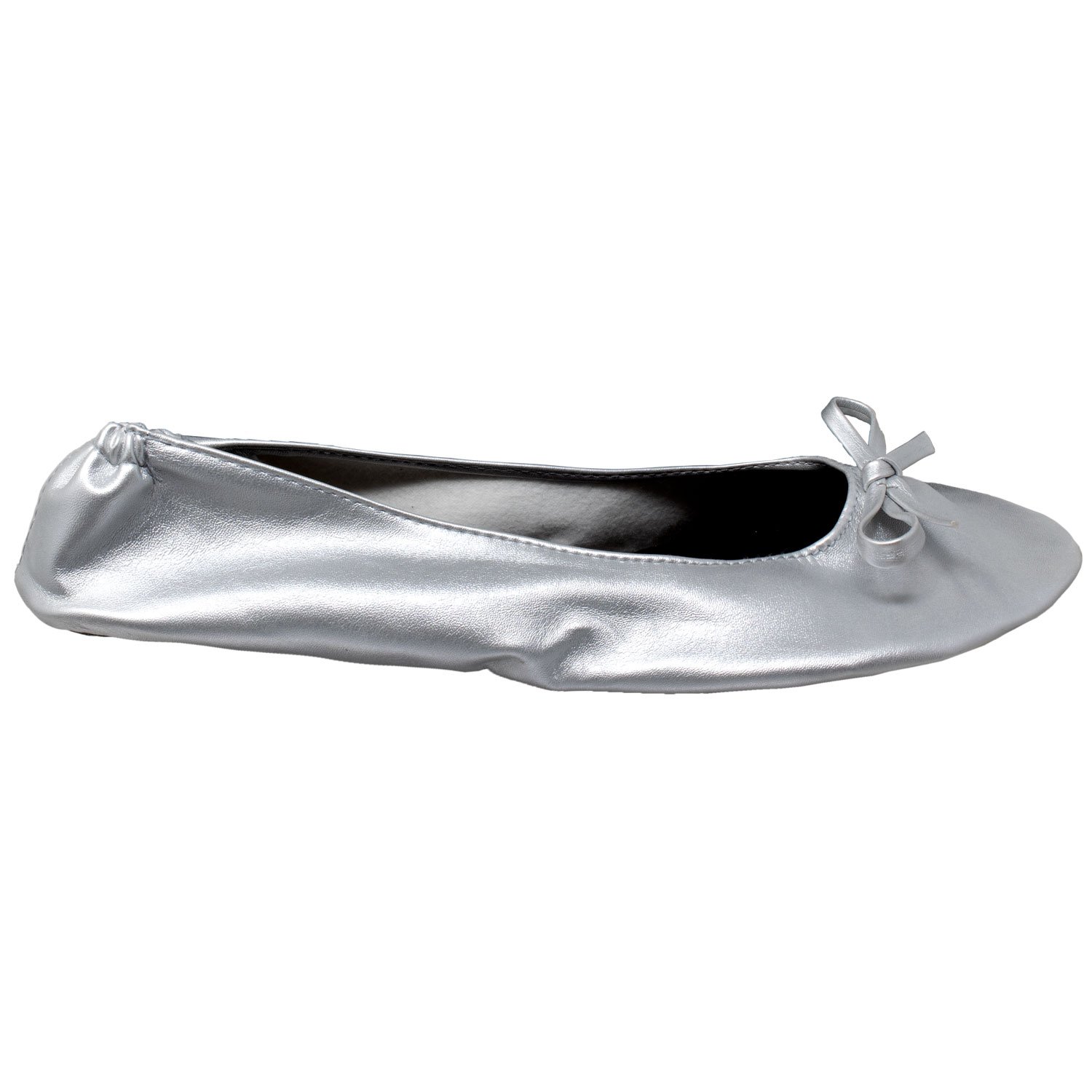 A pair of silver foldable ballet flats for women, showcasing a sleek design with an elastic trim and soft inner lining, perfect for travel and everyday wear.