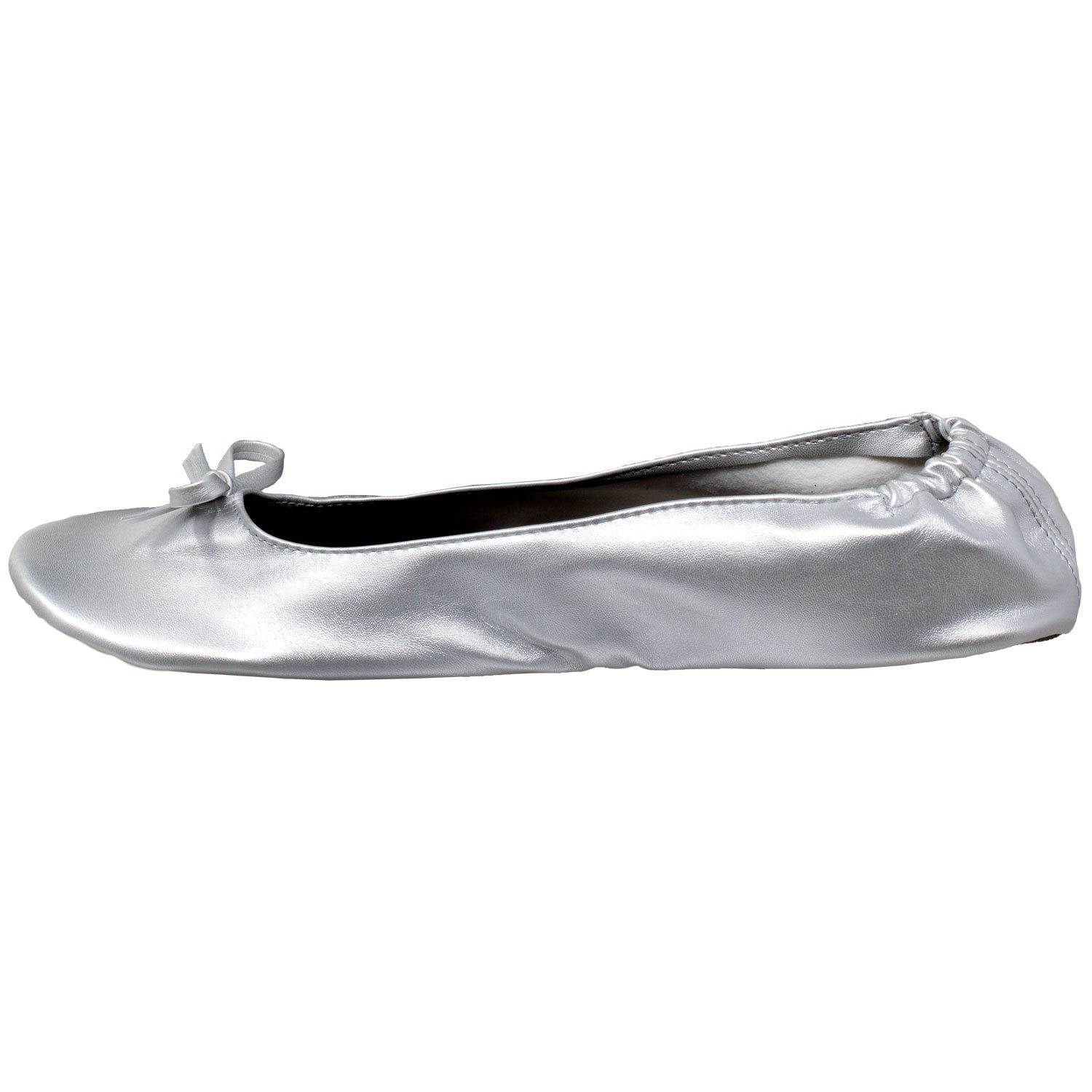 A pair of silver foldable ballet flats for women, showcasing a sleek design with an elastic trim and soft inner lining, perfect for travel and everyday wear.