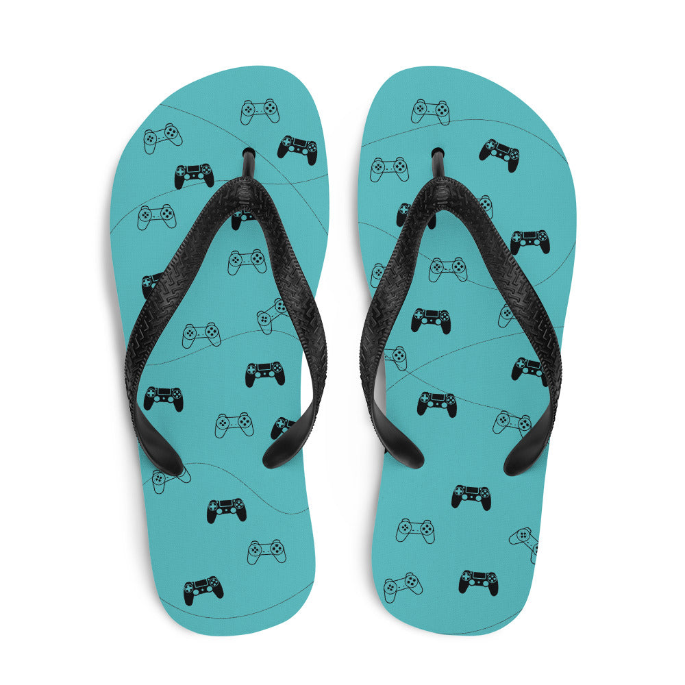 Gamer Blue Flip-Flops featuring a rubber sole, customizable polyester lining, and black Y-shaped straps, perfect for summer wear.