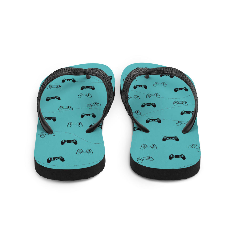 Gamer Blue Flip-Flops featuring a rubber sole, customizable polyester lining, and black Y-shaped straps, perfect for summer wear.