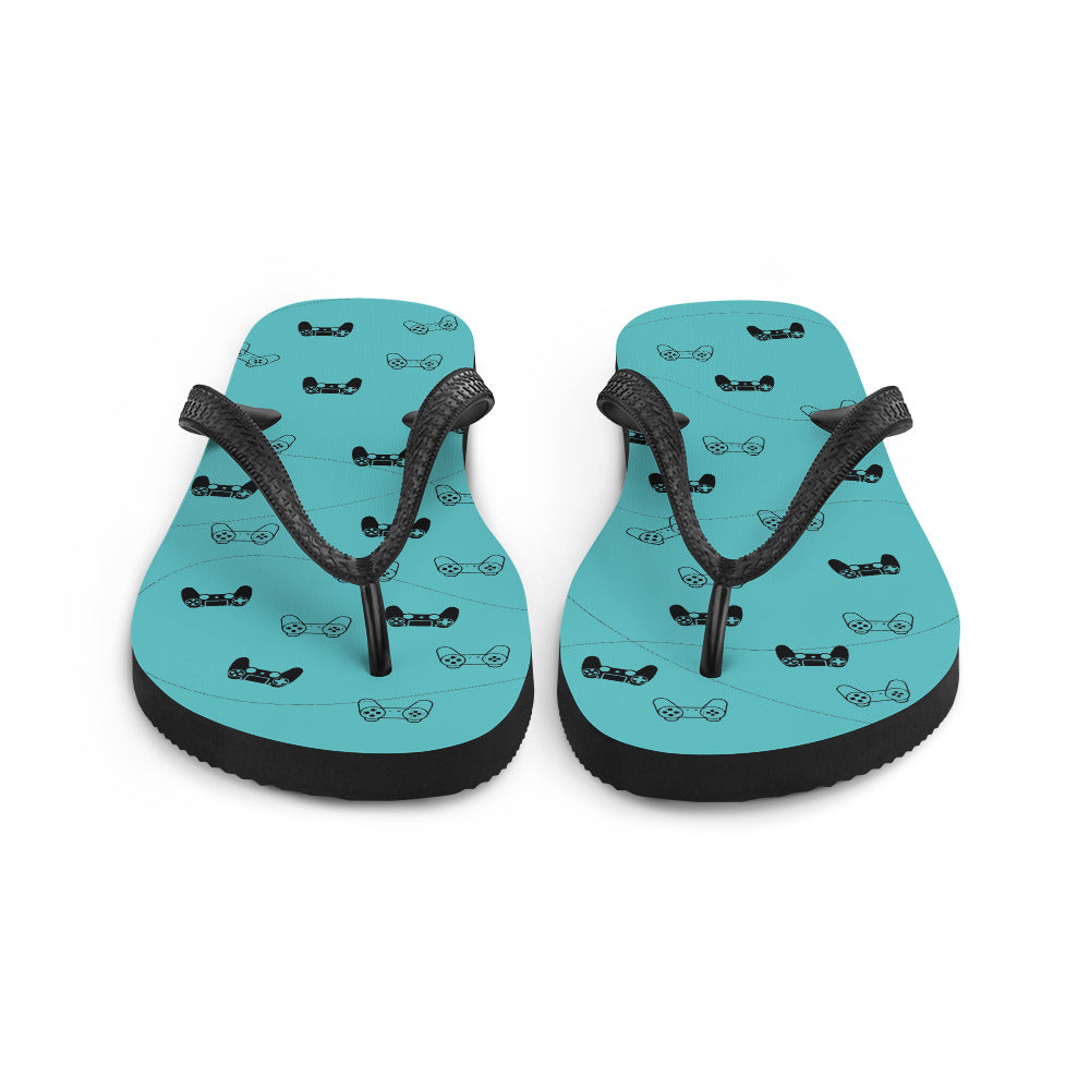 Gamer Blue Flip-Flops featuring a rubber sole, customizable polyester lining, and black Y-shaped straps, perfect for summer wear.