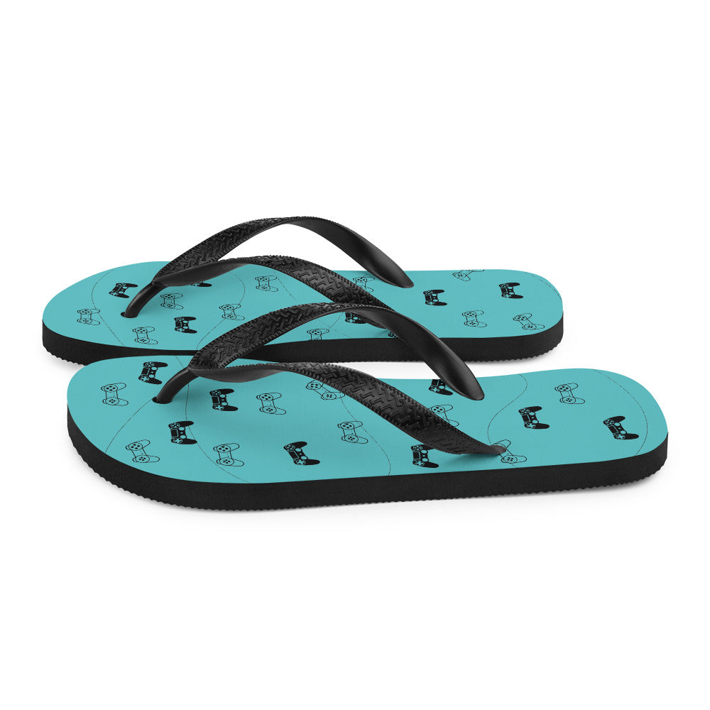 Gamer Blue Flip-Flops featuring a rubber sole, customizable polyester lining, and black Y-shaped straps, perfect for summer wear.