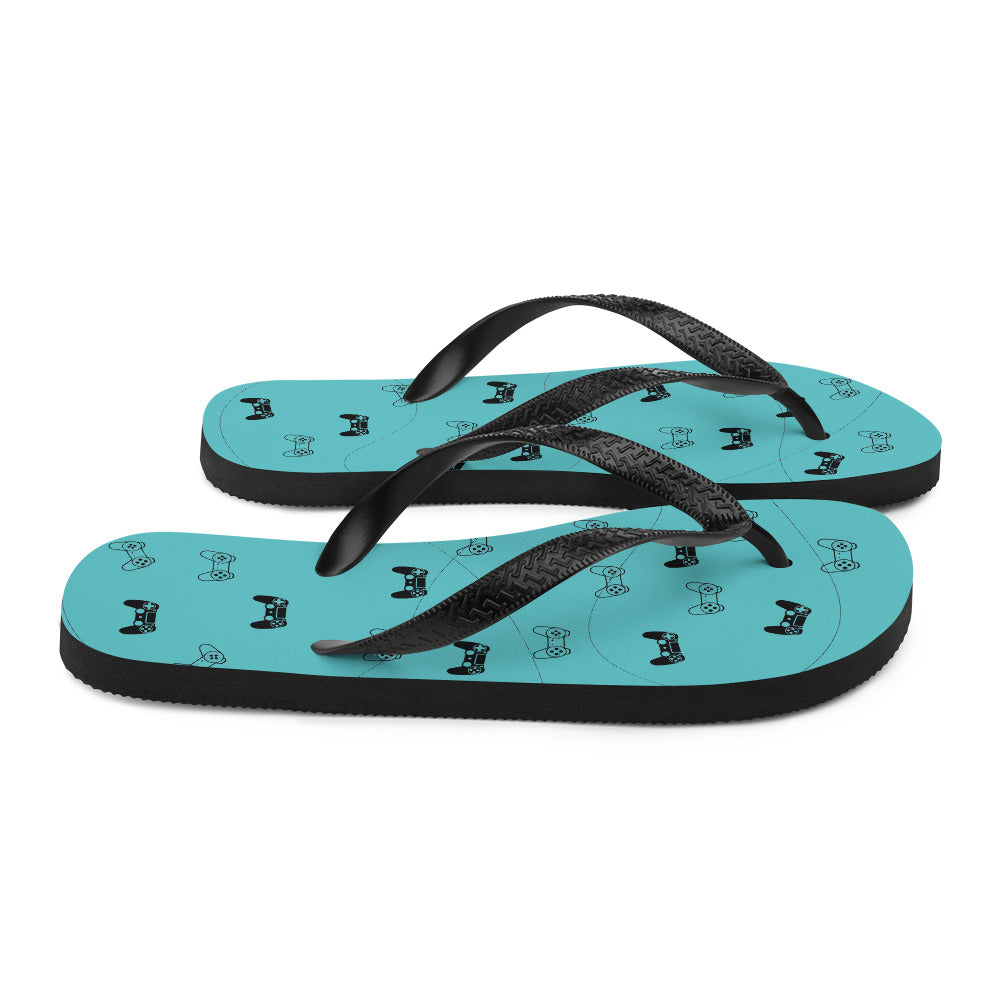 Gamer Blue Flip-Flops featuring a rubber sole, customizable polyester lining, and black Y-shaped straps, perfect for summer wear.