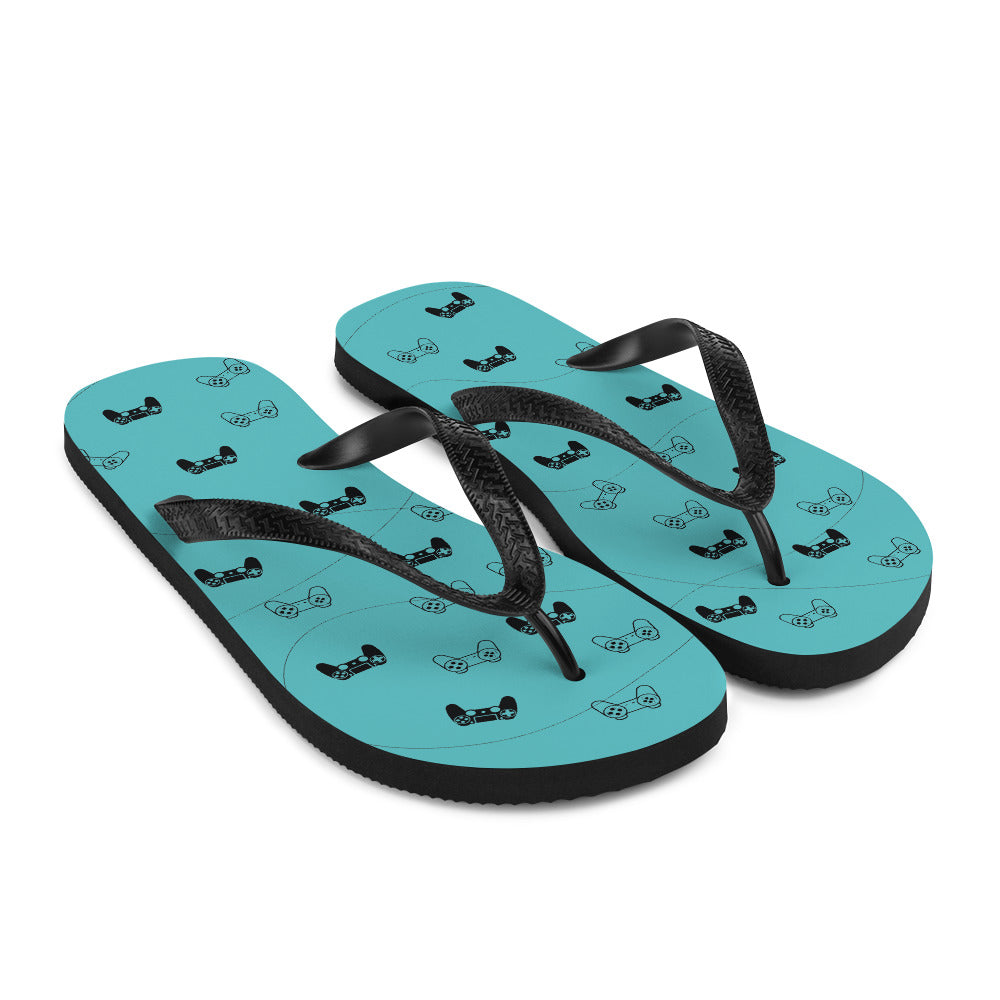 Gamer Blue Flip-Flops featuring a rubber sole, customizable polyester lining, and black Y-shaped straps, perfect for summer wear.