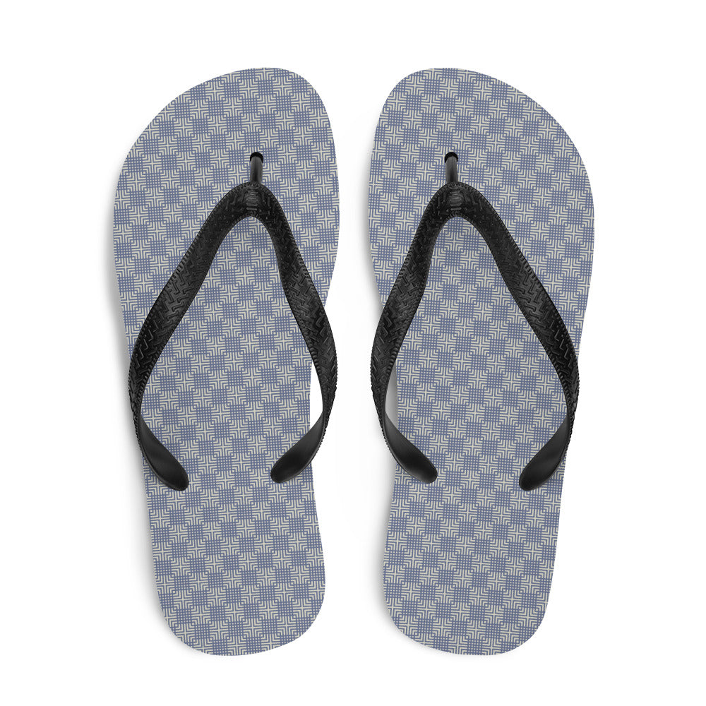 A pair of Grey Blue Mens Womans Flip-Flops featuring a soft fabric lining, durable rubber sole, and black Y-shaped straps, perfect for summer wear.