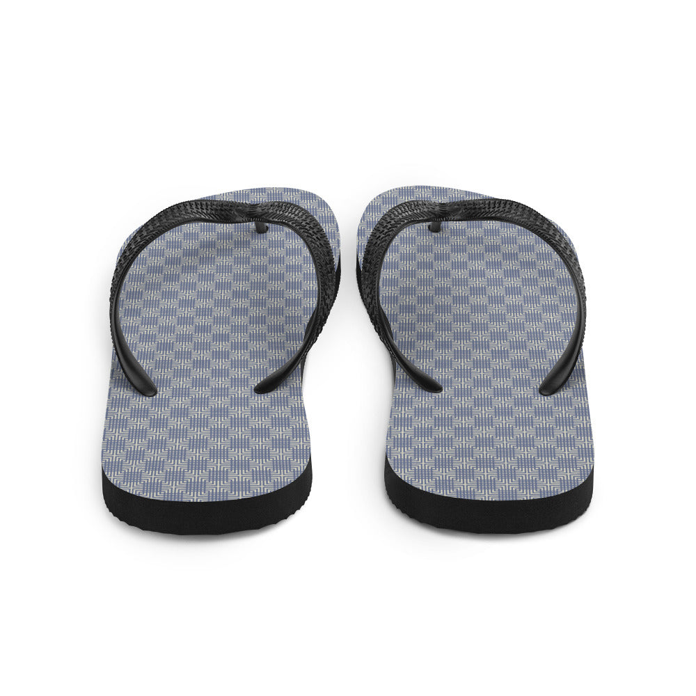 A pair of Grey Blue Mens Womans Flip-Flops featuring a soft fabric lining, durable rubber sole, and black Y-shaped straps, perfect for summer wear.