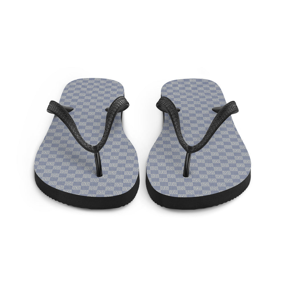 A pair of Grey Blue Mens Womans Flip-Flops featuring a soft fabric lining, durable rubber sole, and black Y-shaped straps, perfect for summer wear.