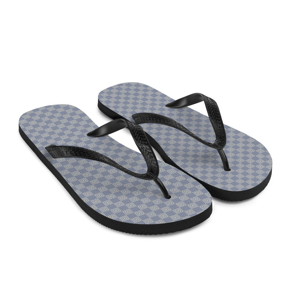 A pair of Grey Blue Mens Womans Flip-Flops featuring a soft fabric lining, durable rubber sole, and black Y-shaped straps, perfect for summer wear.