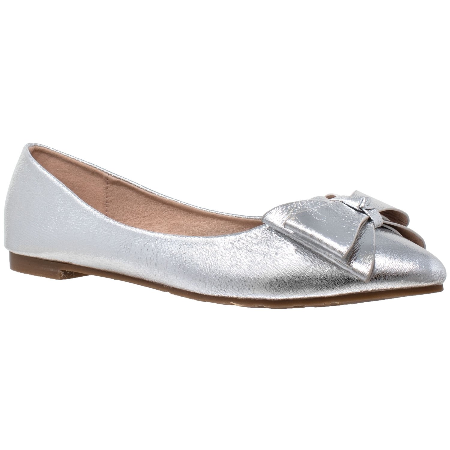 A pair of metallic bow pointed toe ballet flats in black and silver, featuring a large bow at the toe and a sleek patent leather finish.