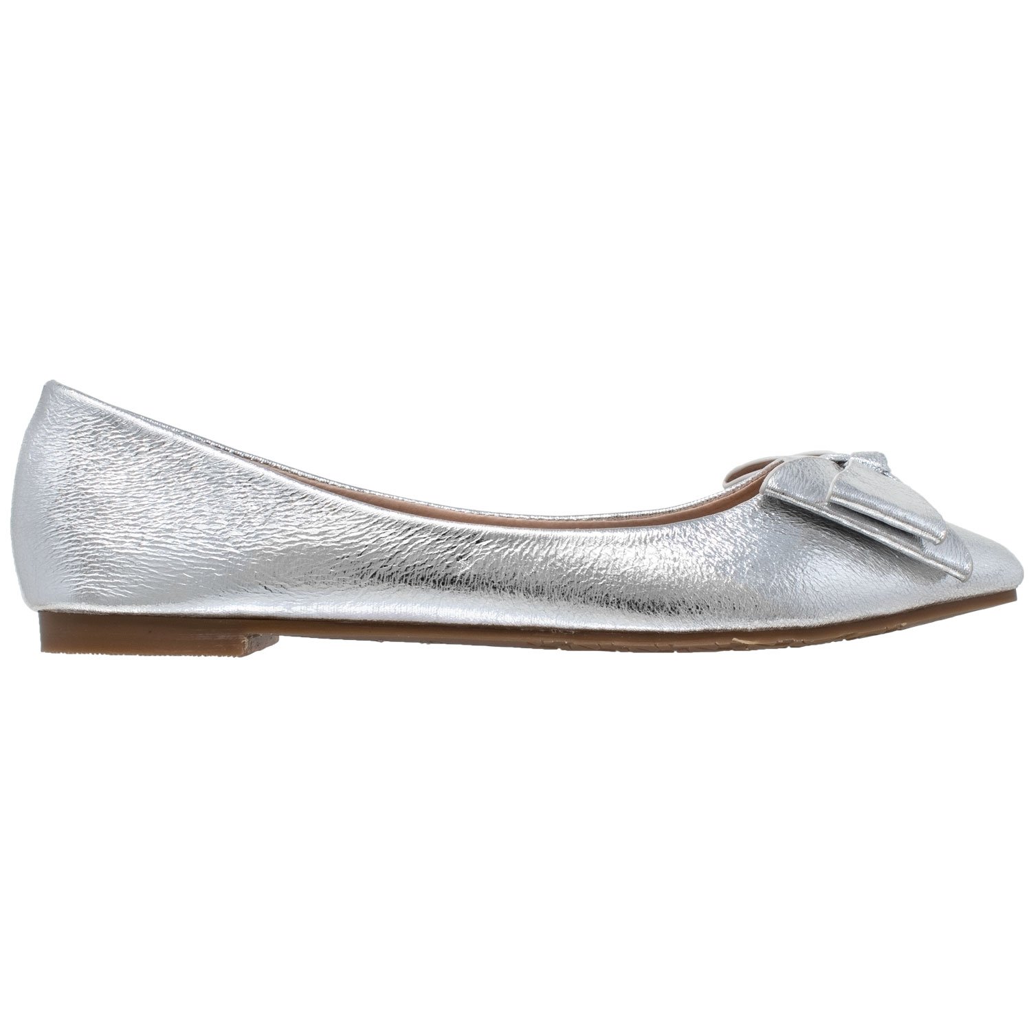 A pair of metallic bow pointed toe ballet flats in black and silver, featuring a large bow at the toe and a sleek patent leather finish.