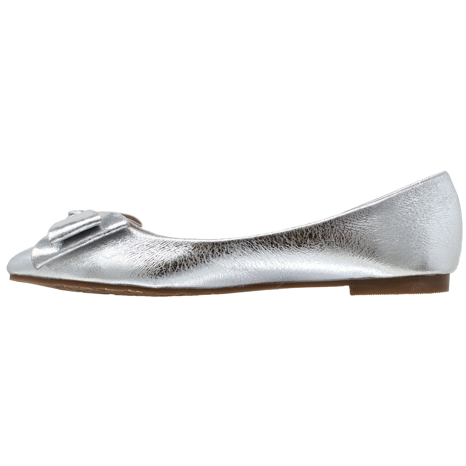 A pair of metallic bow pointed toe ballet flats in black and silver, featuring a large bow at the toe and a sleek patent leather finish.