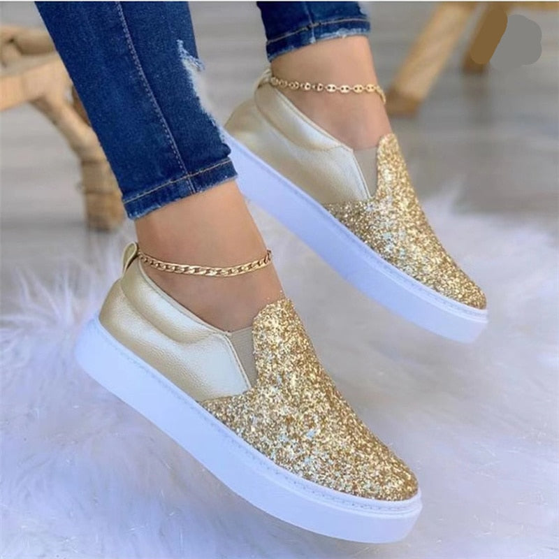 Stylish Moccasins Glitter Flat Female Loafers in Black, Rose Gold, and Gold, featuring a glittery design perfect for casual and formal wear.