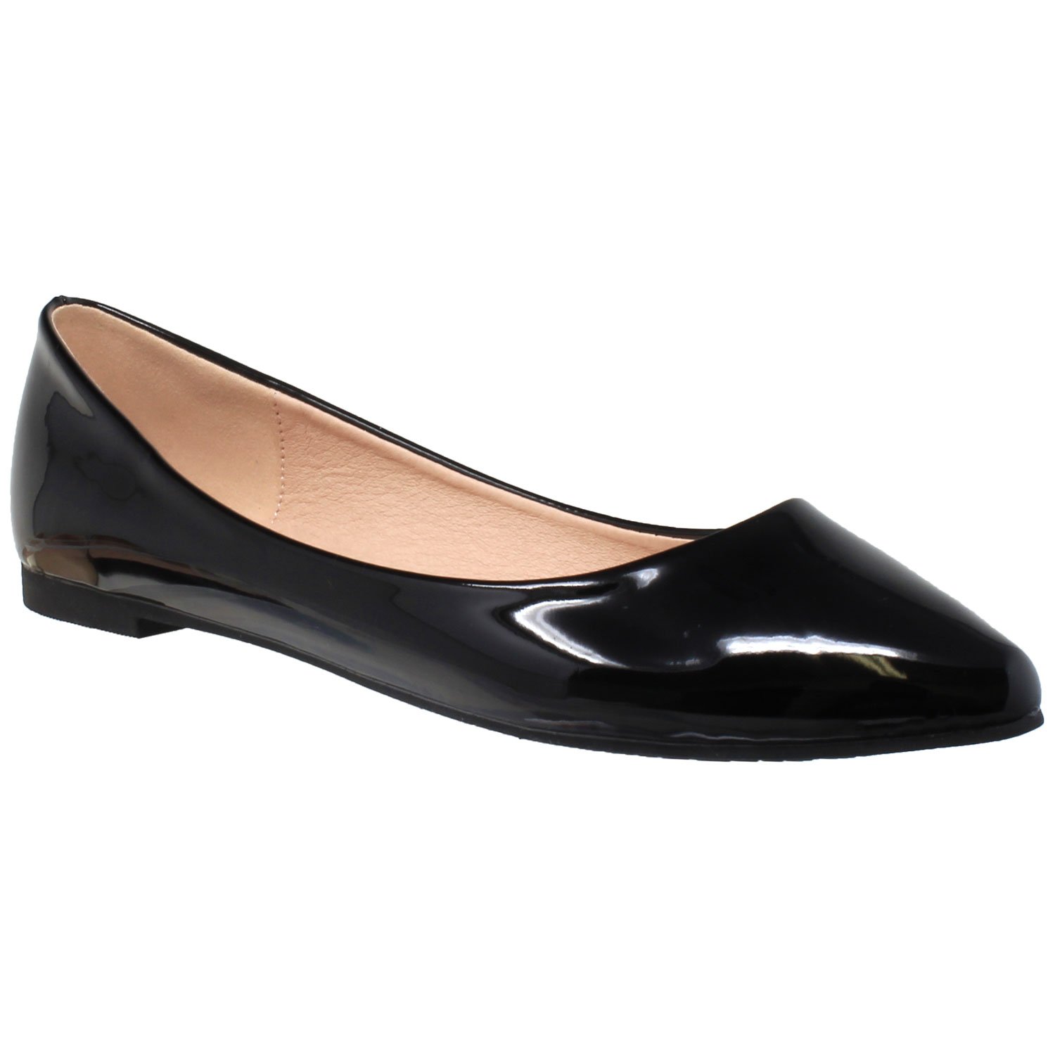 A pair of glossy patent leather pointed toe ballet flats in red, showcasing a sleek design with a cushioned insole and rubber sole.