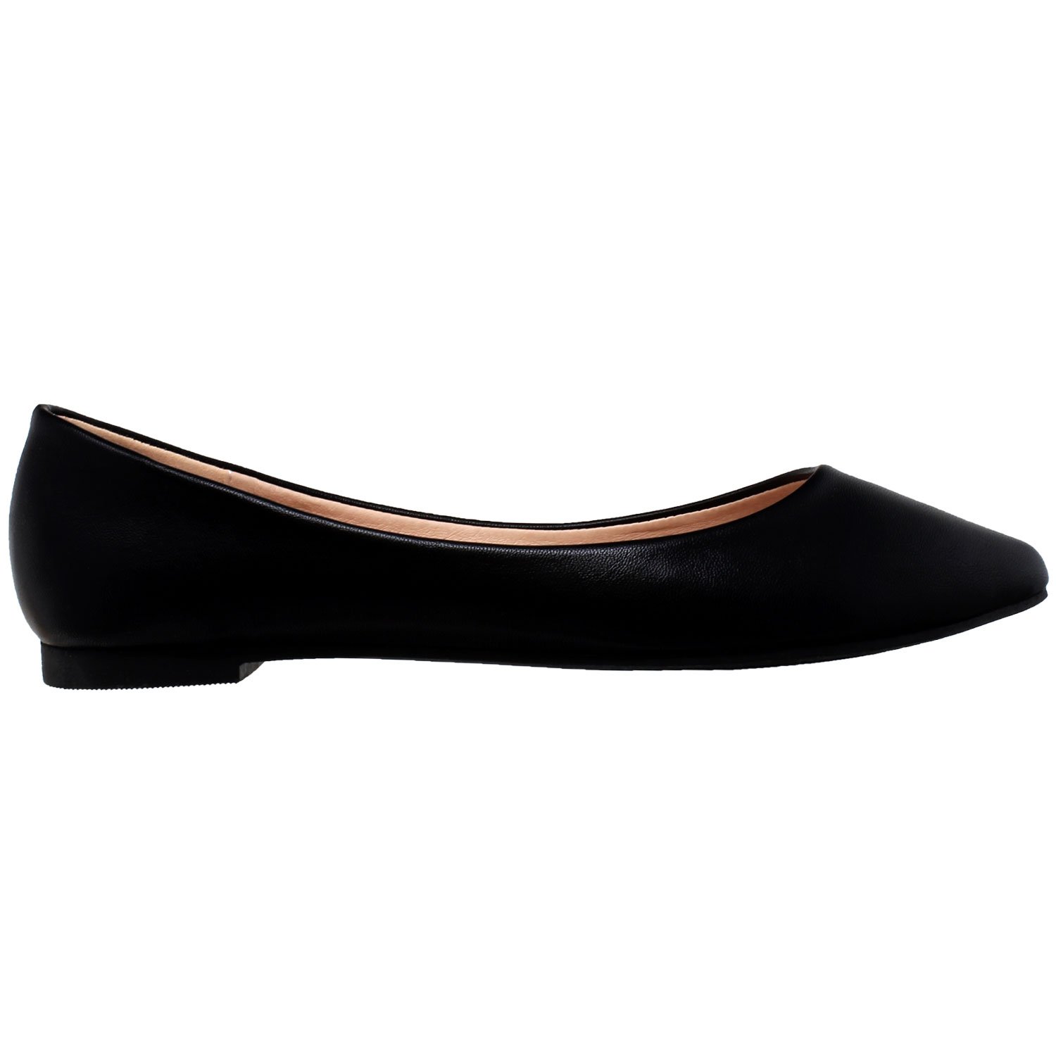 A pair of elegant Pointed Toe Ballet Flats in black, showcasing a sleek design with a cushioned insole and rubber sole, perfect for versatile styling.