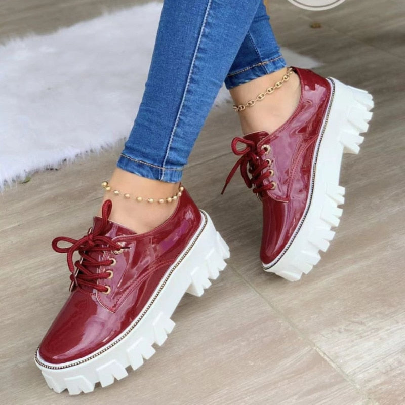 Main Thick Heel Increased Flat Platform Oxford Women Shoes Red/Black/Pink image