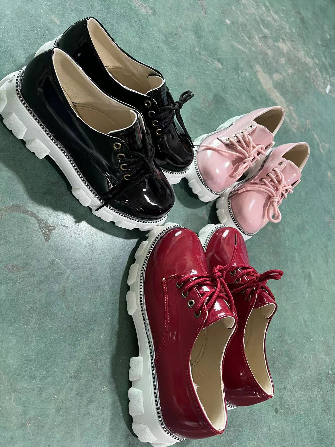 Thick Heel Increased Flat Platform Oxford Women Shoes in red, black, and pink, showcasing stylish design and comfortable thick heel.