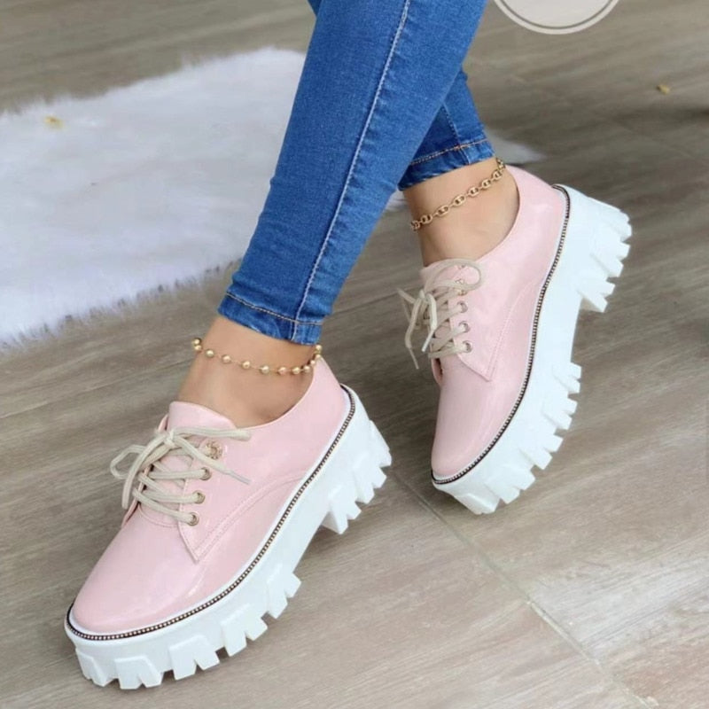 Thick Heel Increased Flat Platform Oxford Women Shoes in red, black, and pink, showcasing stylish design and comfortable thick heel.