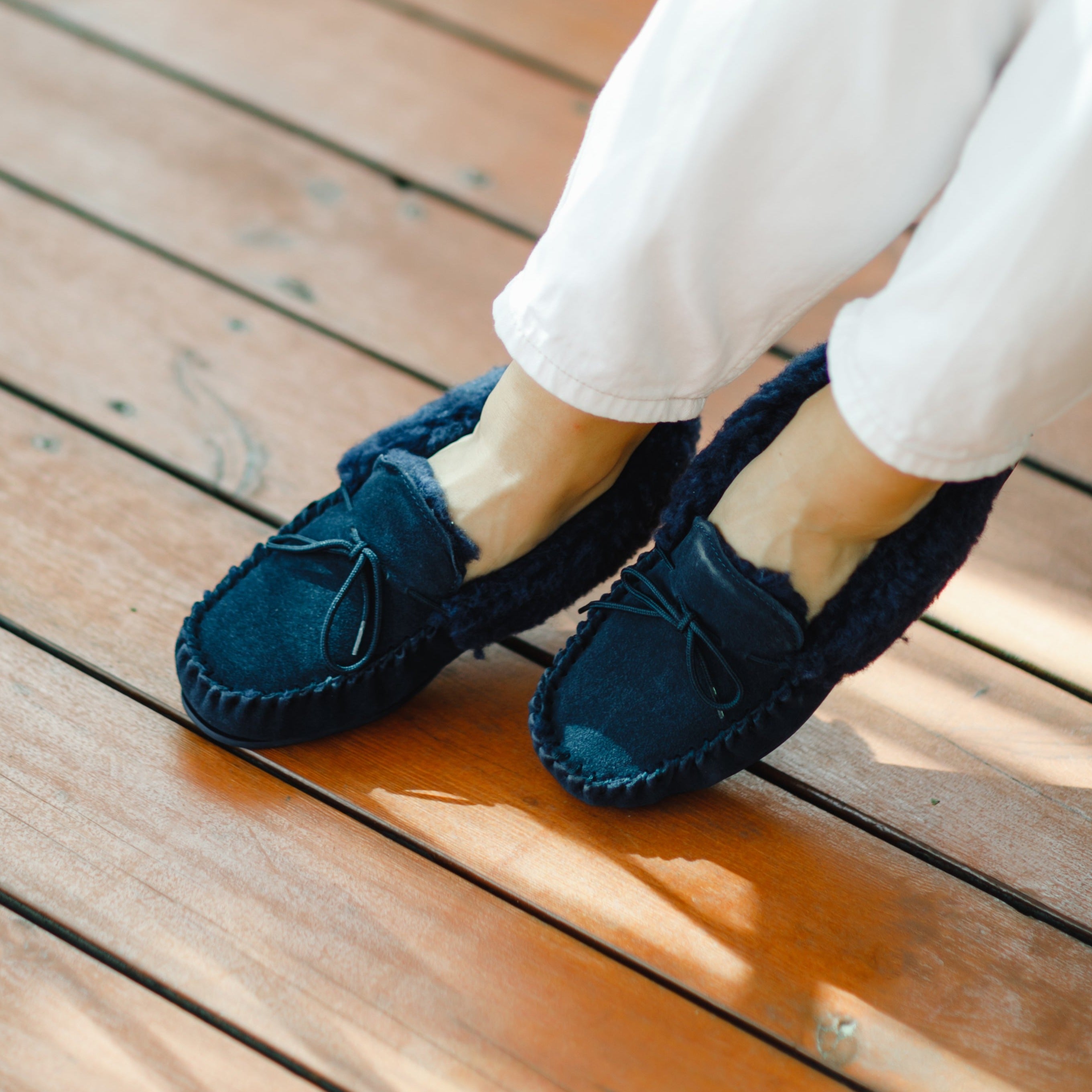 Willow Ladies Wool Moccasin in Navy featuring suede leather upper and wool-mix lining, perfect for indoor and outdoor wear.