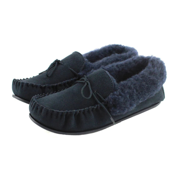 Willow Ladies Wool Moccasin in Navy featuring suede leather upper and wool-mix lining, perfect for indoor and outdoor wear.