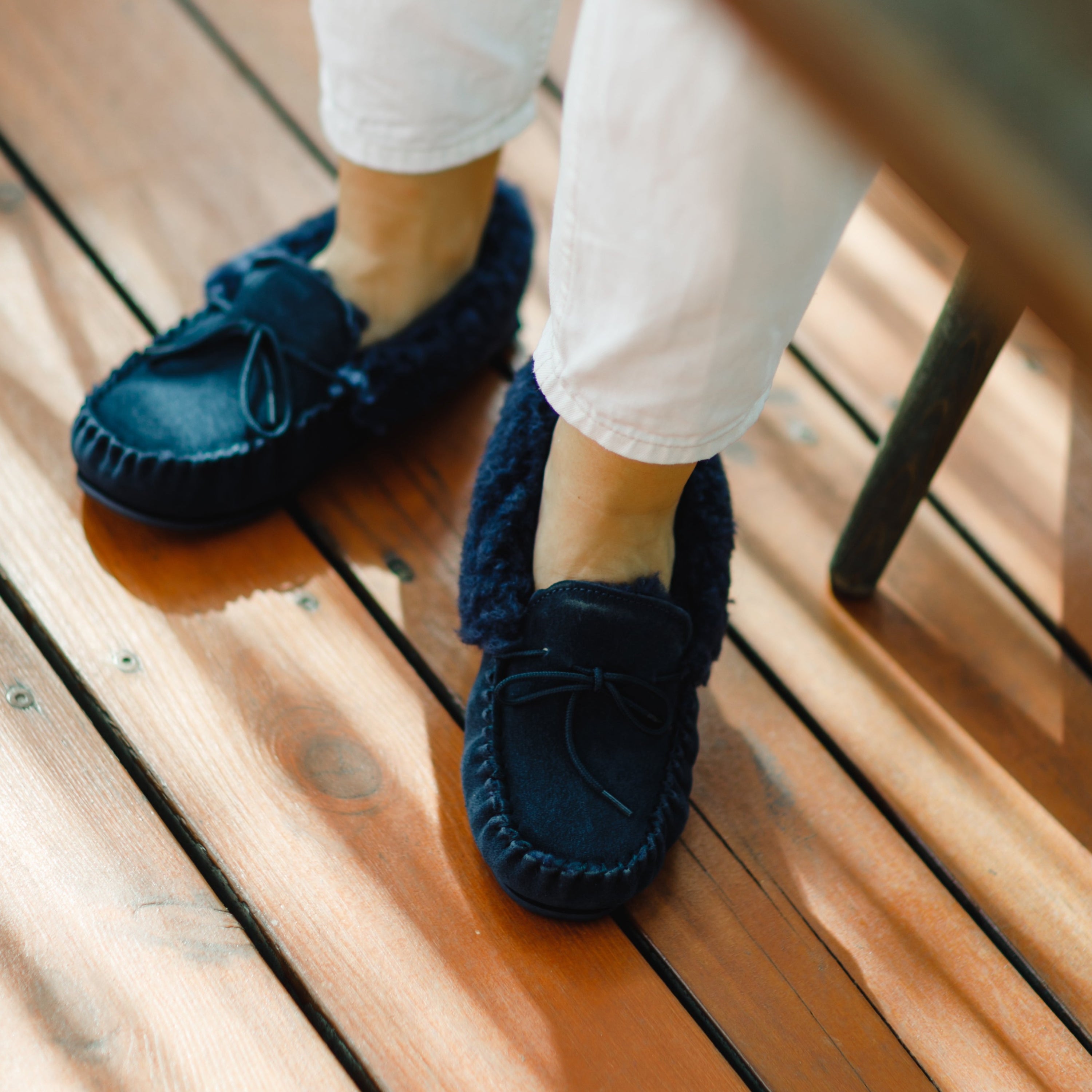 Willow Ladies Wool Moccasin in Navy featuring suede leather upper and wool-mix lining, perfect for indoor and outdoor wear.