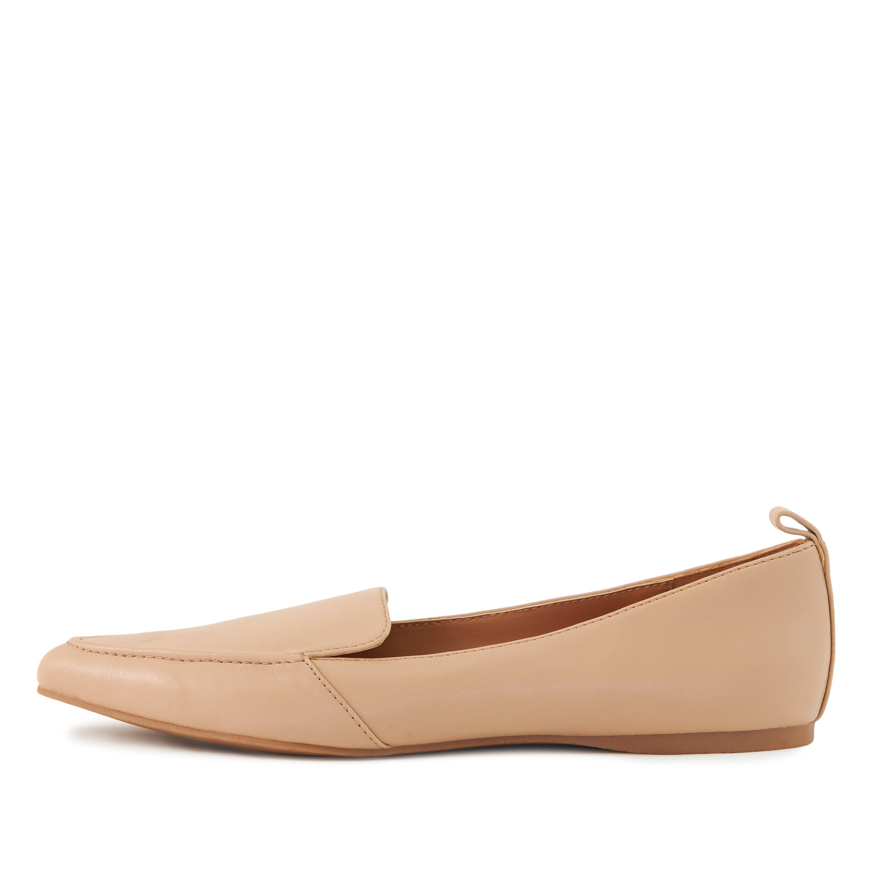 A pair of Women's Flat Socialite Natural shoes featuring a loafer-style front, cushioned sole, pointed toe, and made from faux-leather in a stylish design.