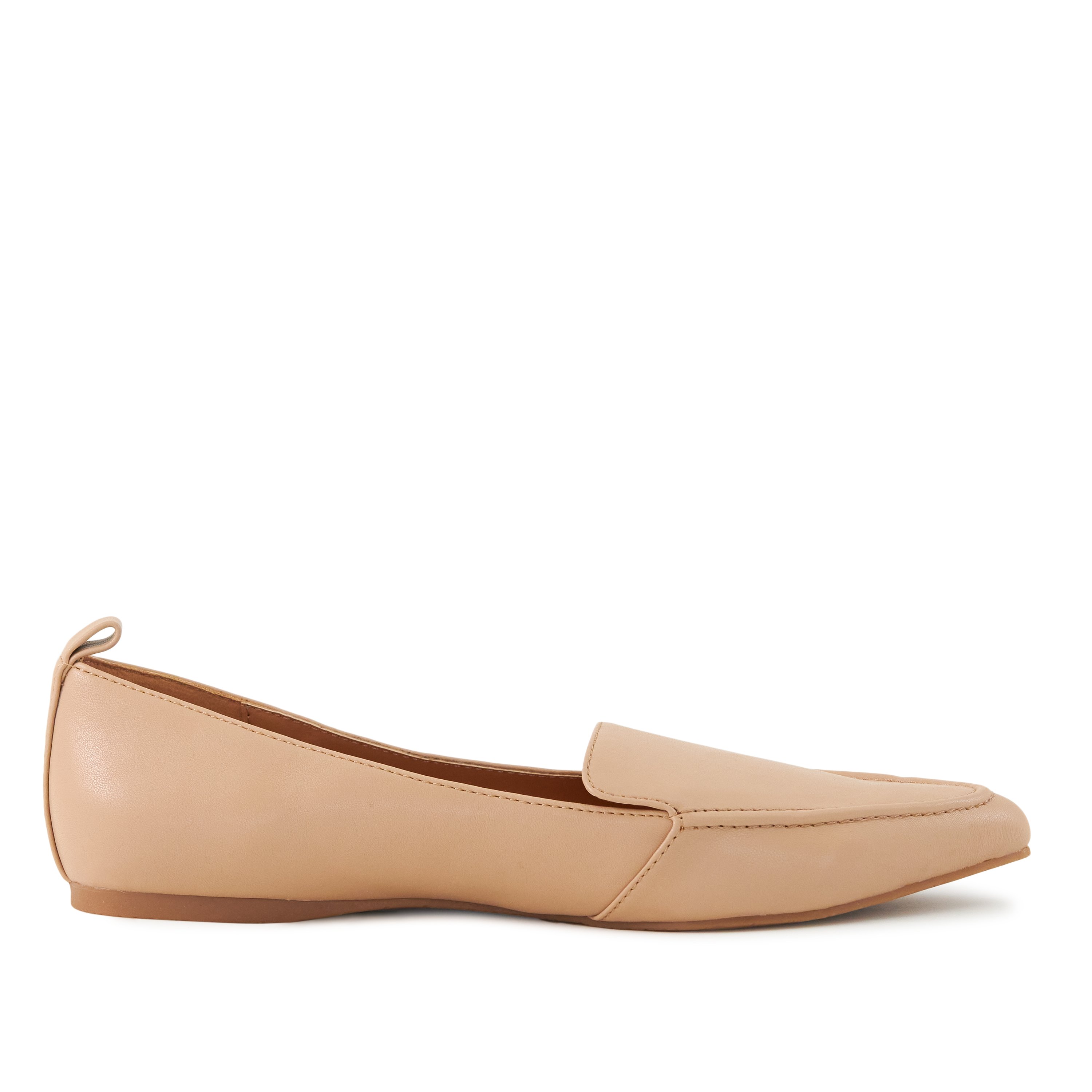 A pair of Women's Flat Socialite Natural shoes featuring a loafer-style front, cushioned sole, pointed toe, and made from faux-leather in a stylish design.