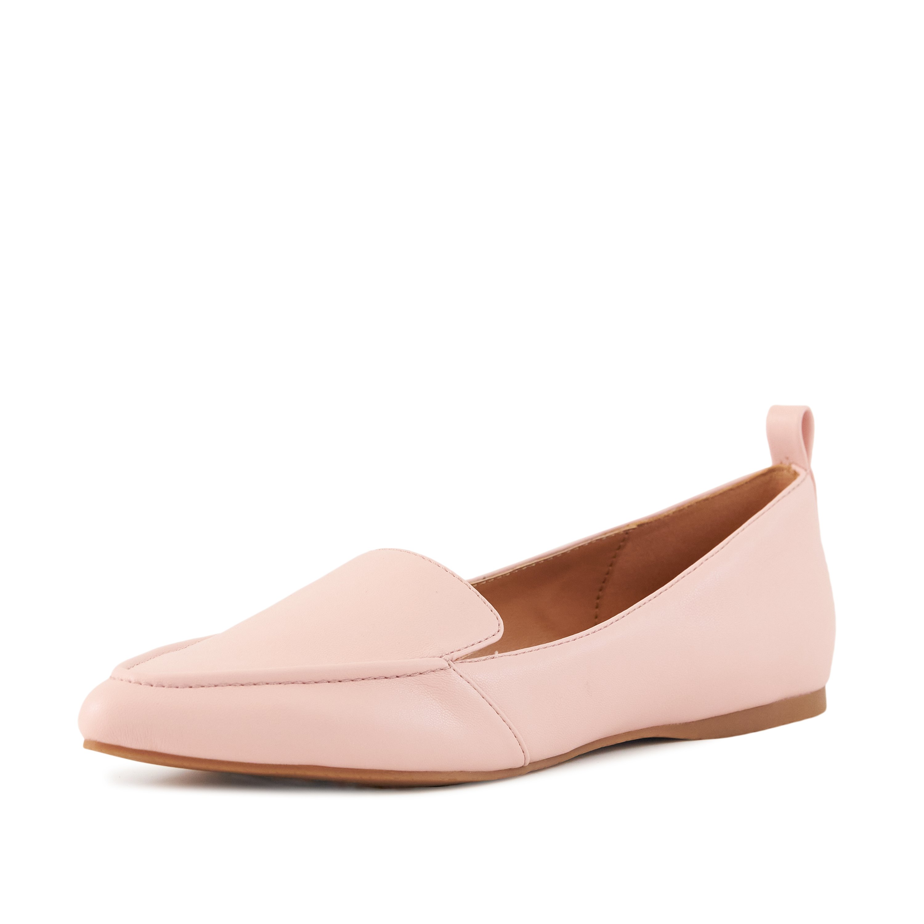 A pair of Women's Flat Socialite Pink shoes featuring a loafer-style front, pointed toe, and cushioned sole, made from faux-leather material.