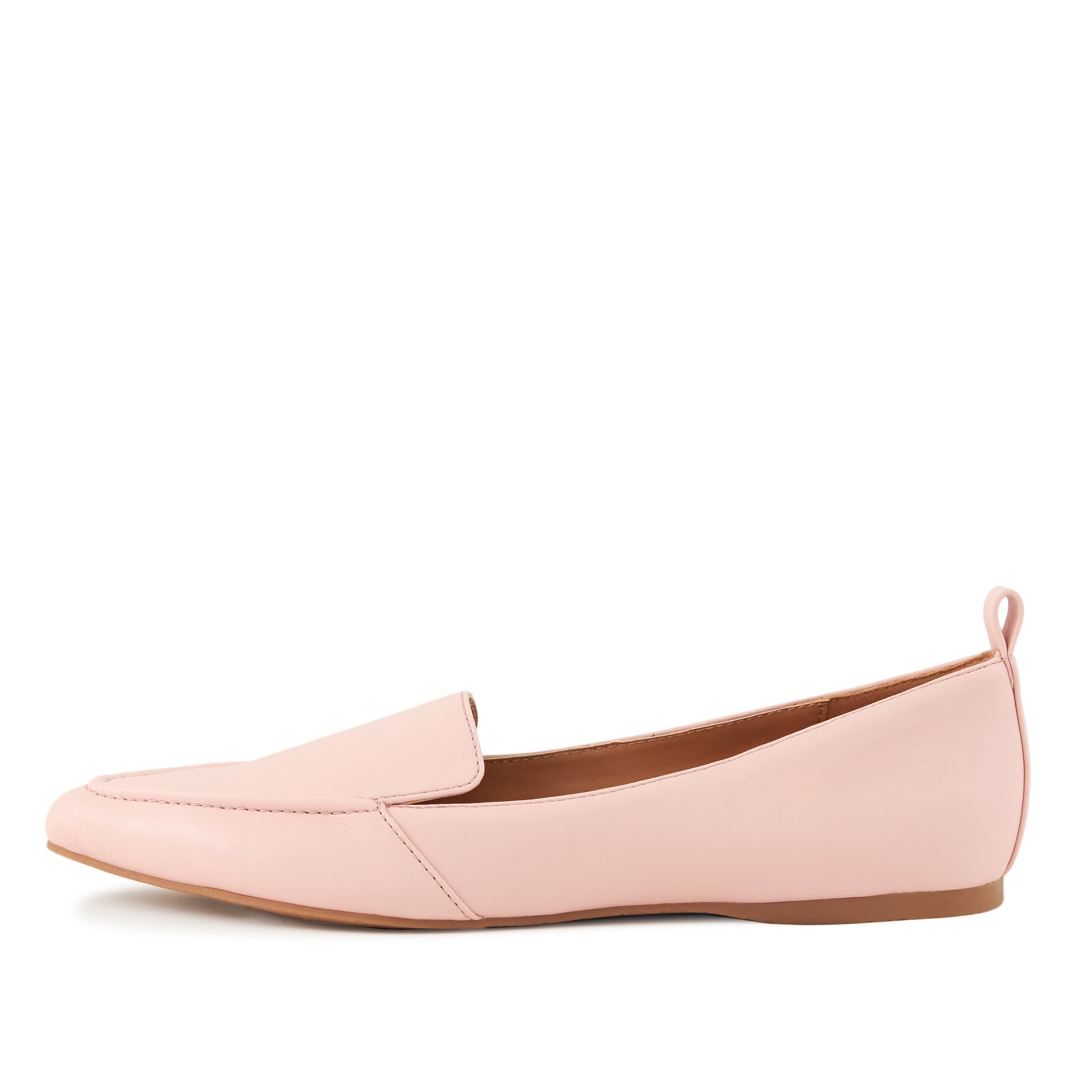 A pair of Women's Flat Socialite Pink shoes featuring a loafer-style front, pointed toe, and cushioned sole, made from faux-leather material.