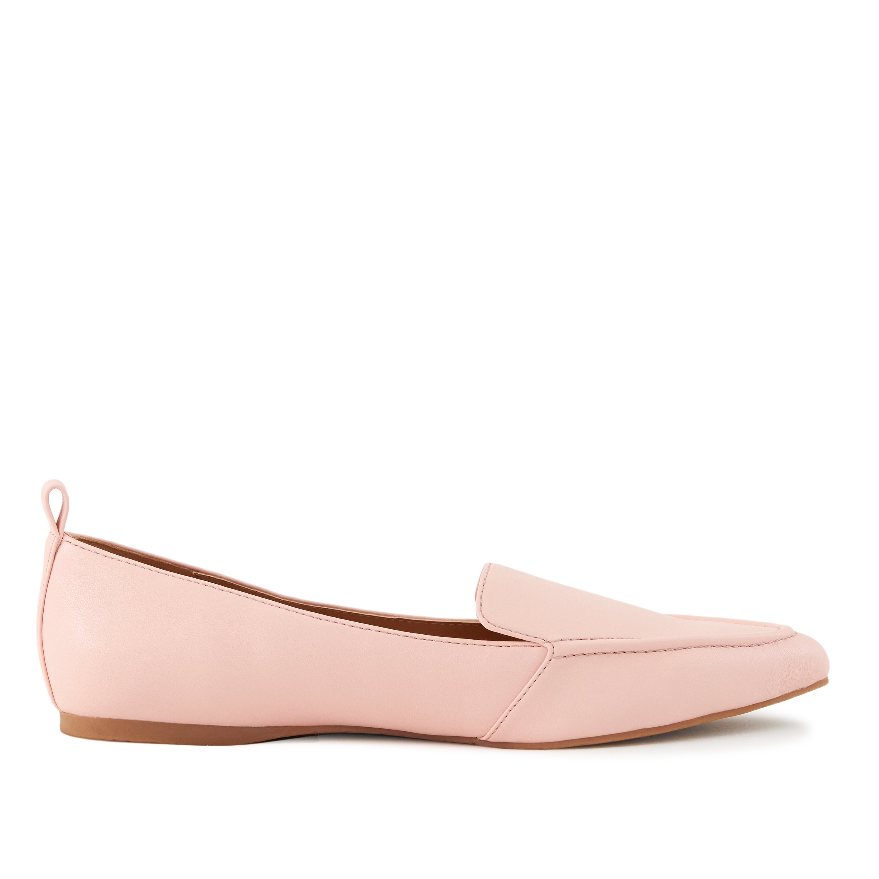 A pair of Women's Flat Socialite Pink shoes featuring a loafer-style front, pointed toe, and cushioned sole, made from faux-leather material.