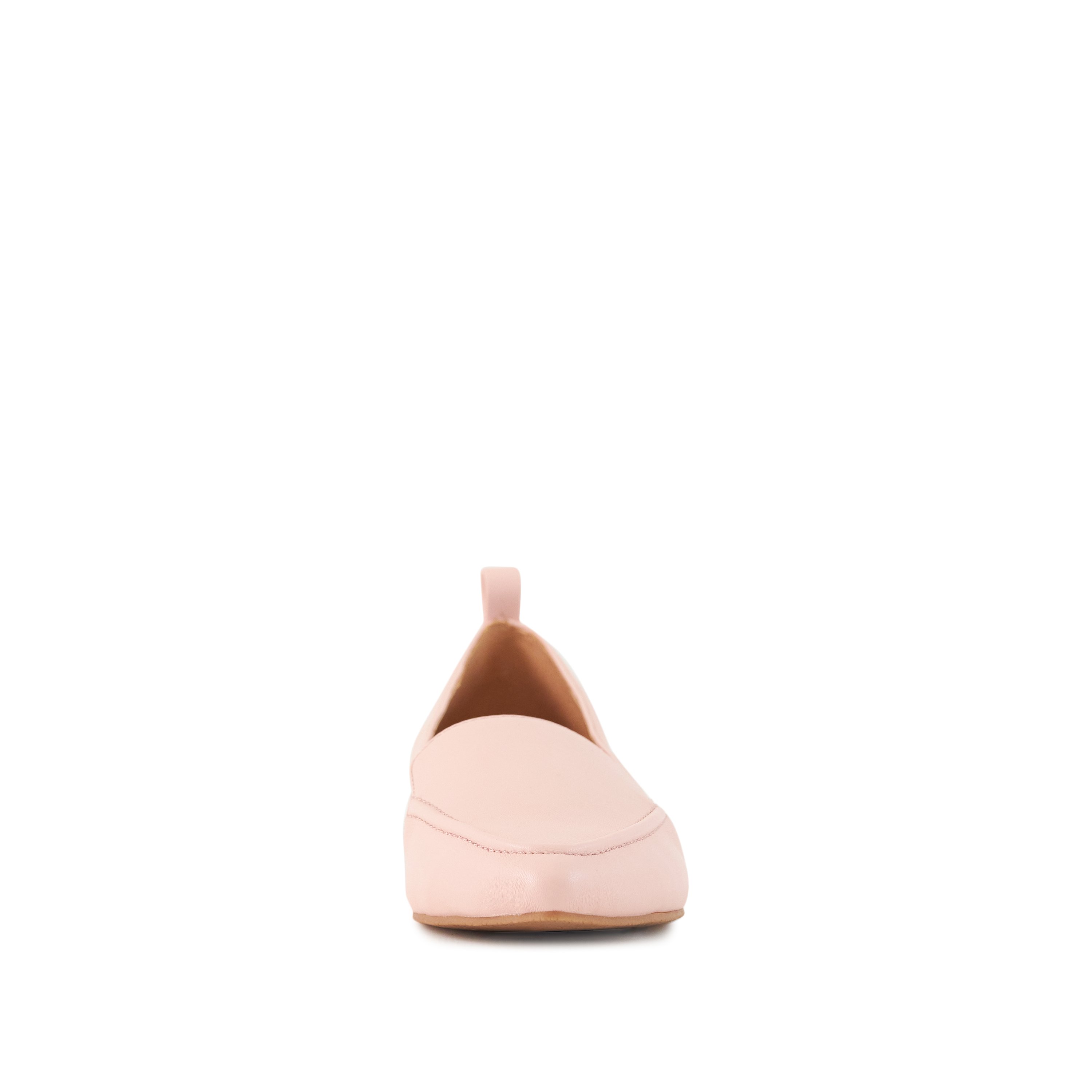 A pair of Women's Flat Socialite Pink shoes featuring a loafer-style front, pointed toe, and cushioned sole, made from faux-leather material.