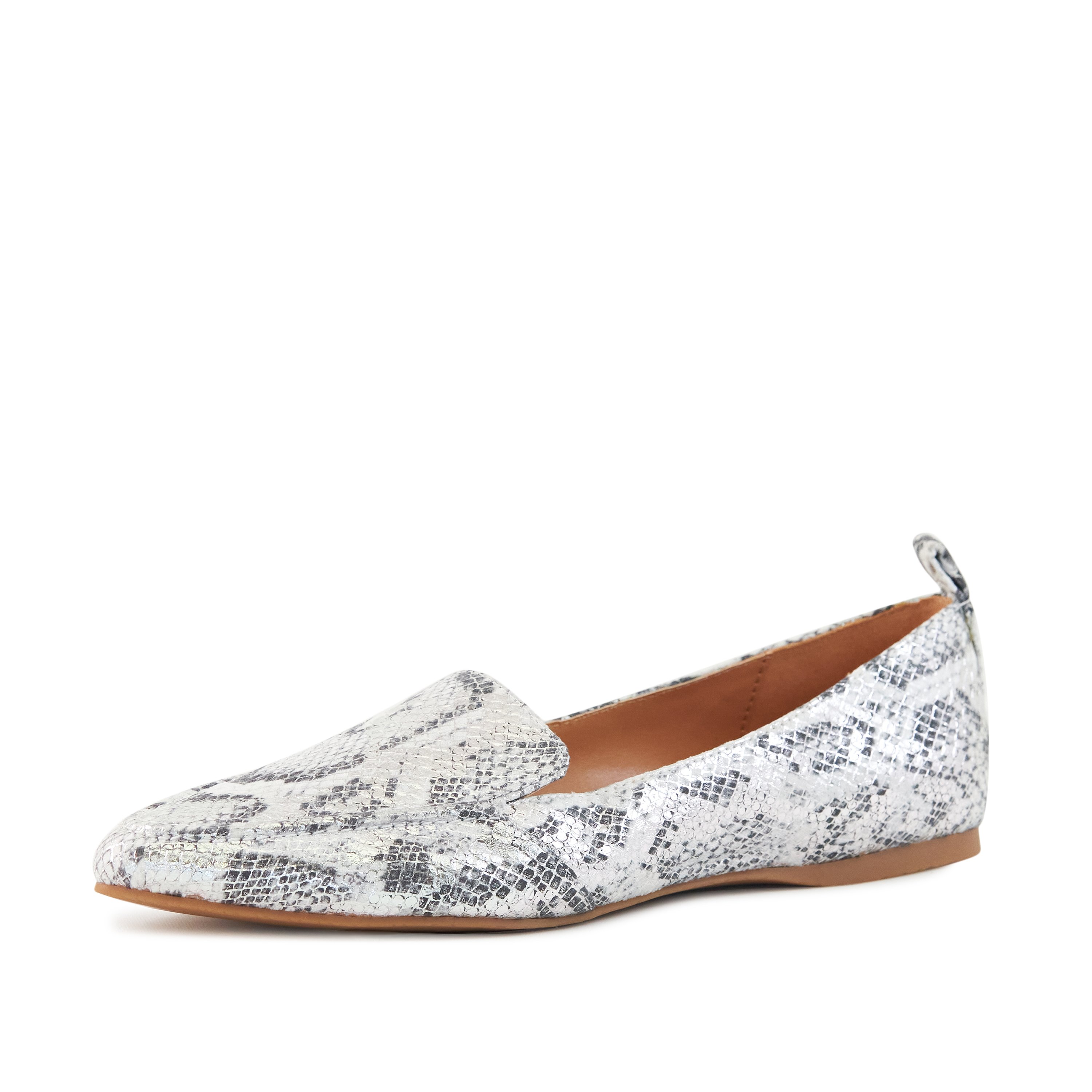 Stylish Women's Flat Socialite in silver snake skin with cushioned sole and pointed toe design, perfect for work and casual outings.