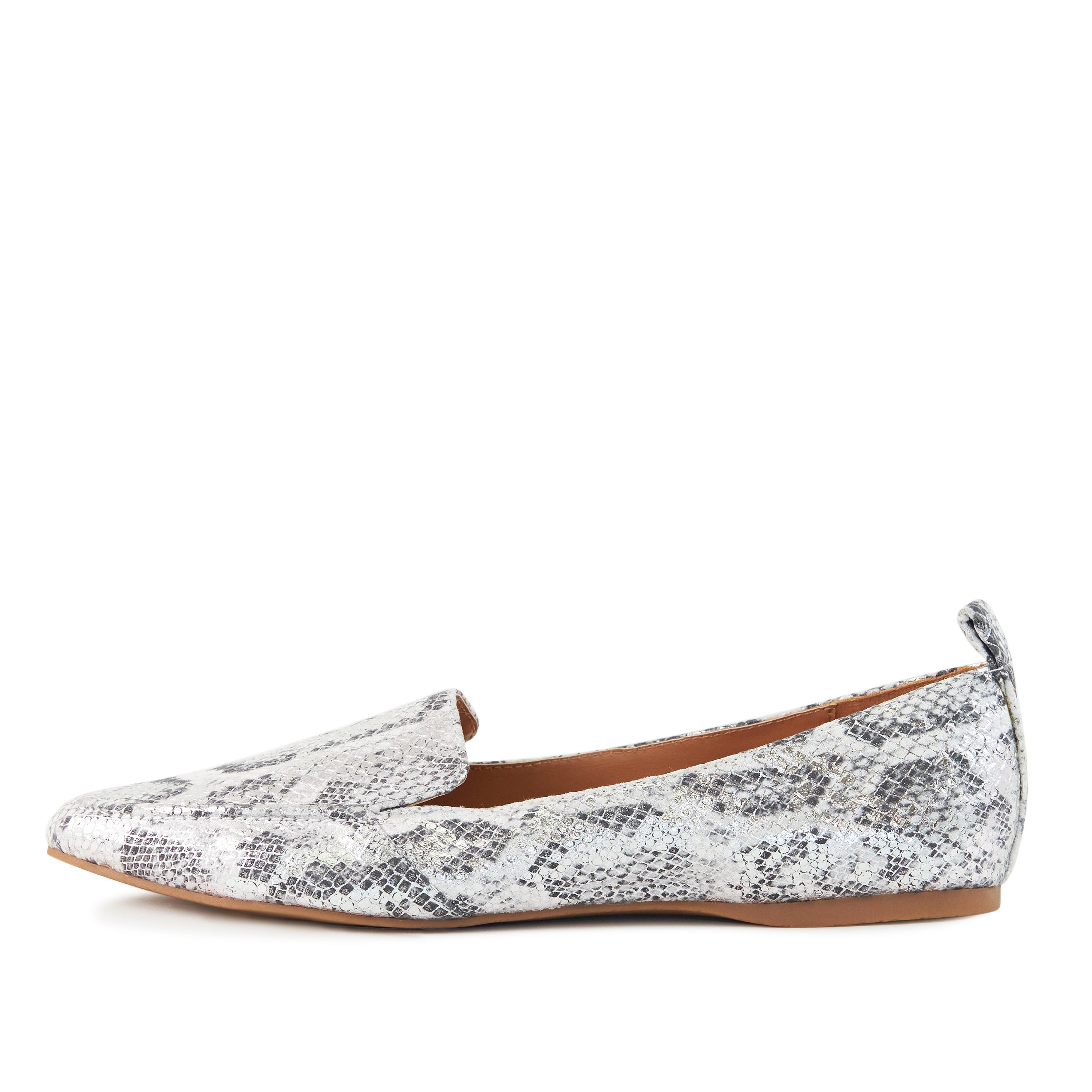 Stylish Women's Flat Socialite in silver snake skin with cushioned sole and pointed toe design, perfect for work and casual outings.