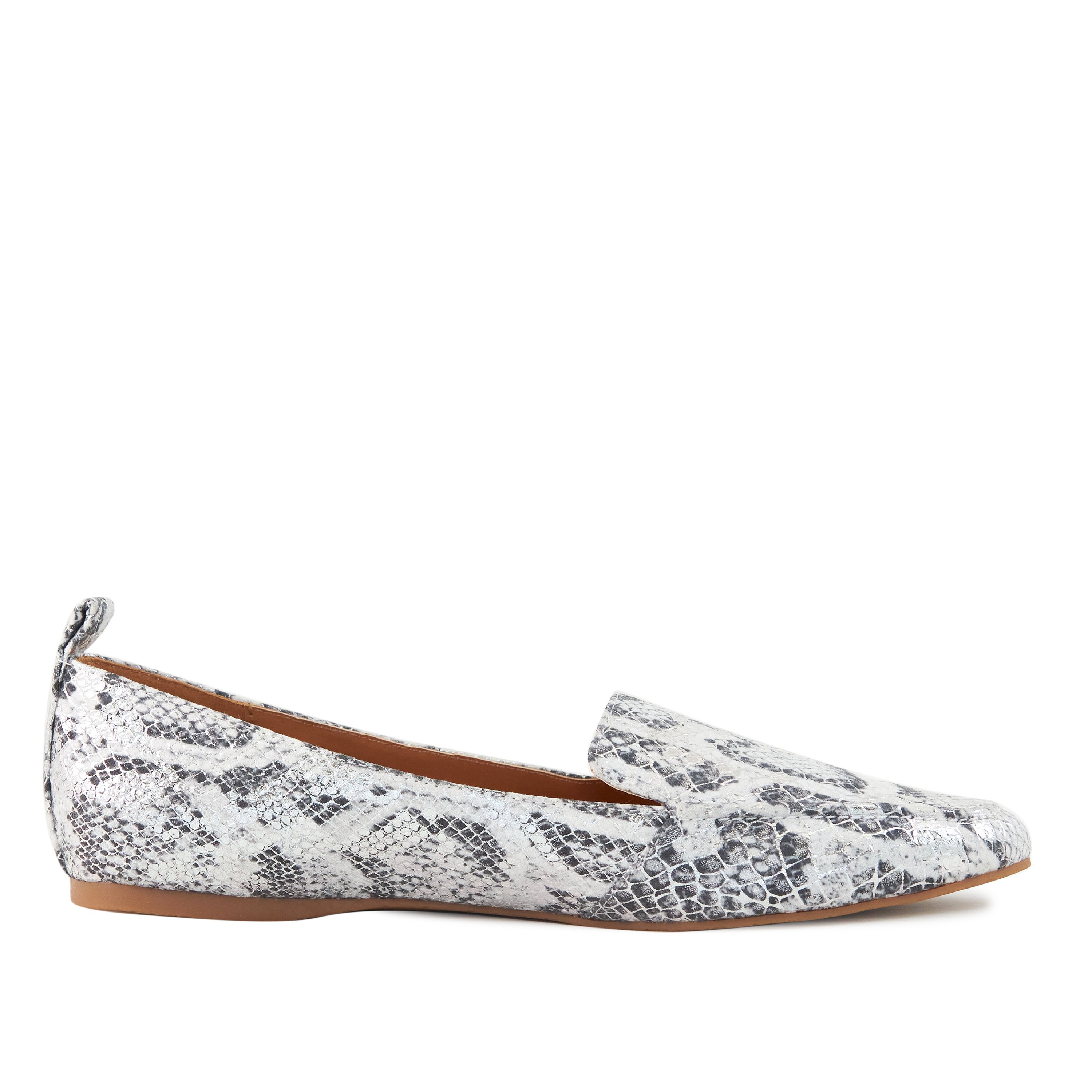 Stylish Women's Flat Socialite in silver snake skin with cushioned sole and pointed toe design, perfect for work and casual outings.