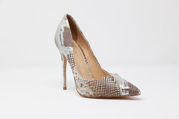 Classic Neutral Serpent leather pumps with a 4.5-inch stiletto heel and pointed toe, showcasing elegance and comfort.