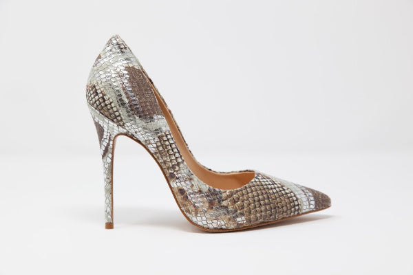 Classic Neutral Serpent leather pumps with a 4.5-inch stiletto heel and pointed toe, showcasing elegance and comfort.