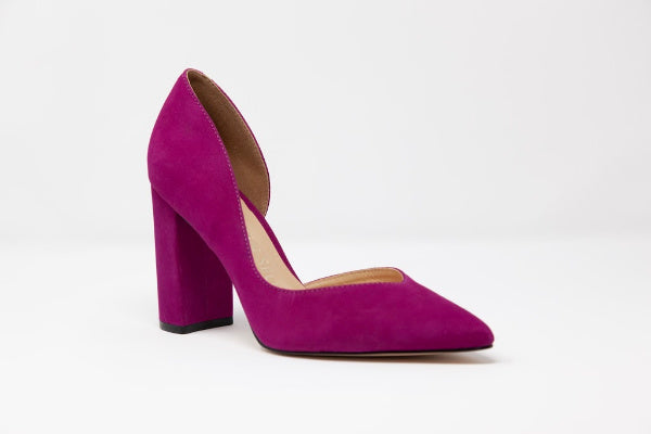 Faith Heel suede pump in vibrant magenta color with v-cut front and 3.5-inch covered chunky heel, showcasing toe cleavage.