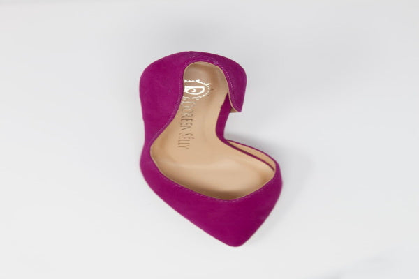 Faith Heel suede pump in vibrant magenta color with v-cut front and 3.5-inch covered chunky heel, showcasing toe cleavage.