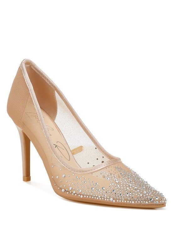 High Ball Mesh Rhinestone Stiletto Pumps featuring a closed pointed toe, 4-inch stiletto heels, and sparkling rhinestone embellishments on a mesh upper.